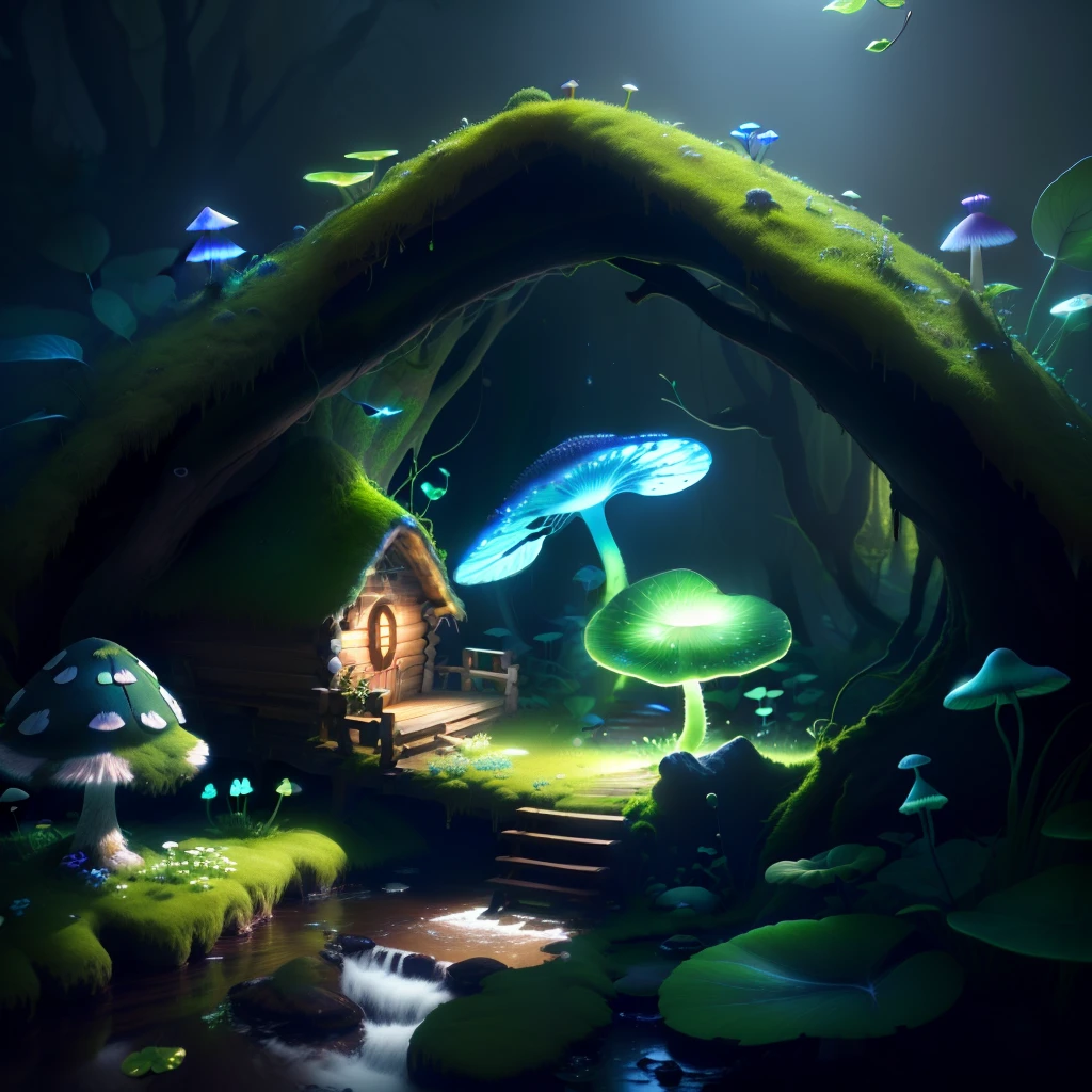 masterpiece, best quality, (extremely detailed CG unity 8k wallpaper), (best quality), (best illustration), (best shadow),( A mushroom house covered with moss),(((dew))),(timbo),(creek),firefly,clover,wtarlight surrounds the room,petal, isometric 3D, octane render,ray tracing,ultra detailed,