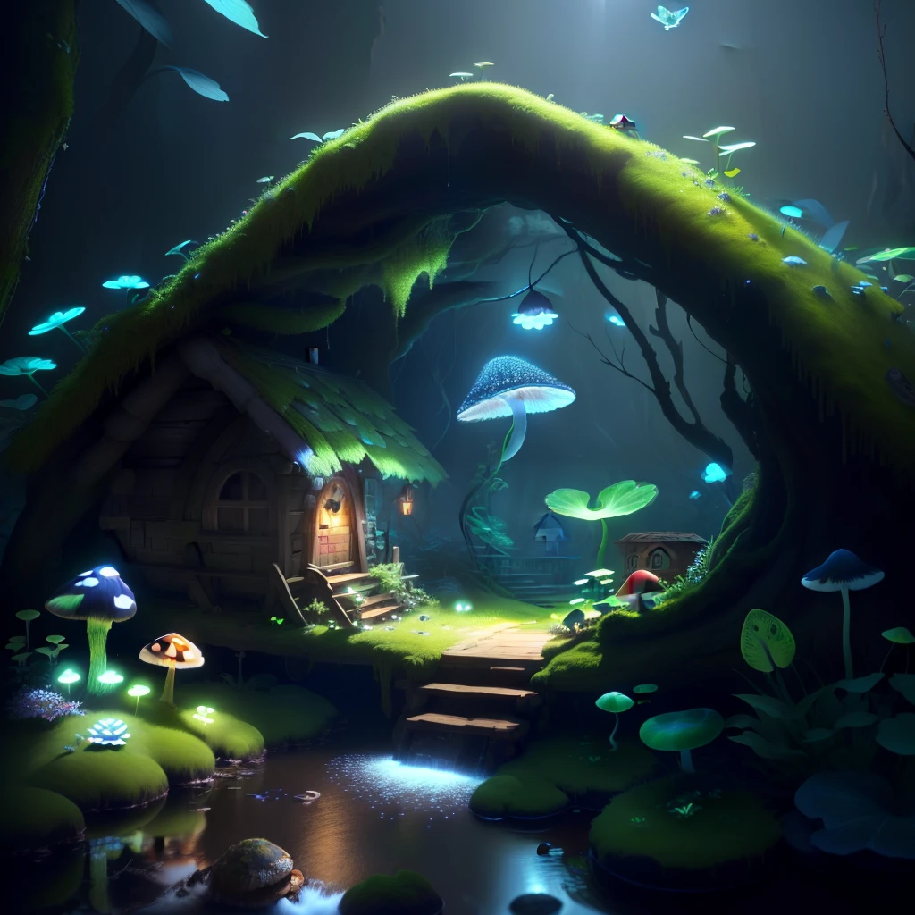 masterpiece, best quality, (extremely detailed CG unity 8k wallpaper), (best quality), (best illustration), (best shadow),( A mushroom house covered with moss),(((dew))),(timbo),(creek),firefly,clover,wtarlight surrounds the room,petal, isometric 3D, octane render,ray tracing,ultra detailed,