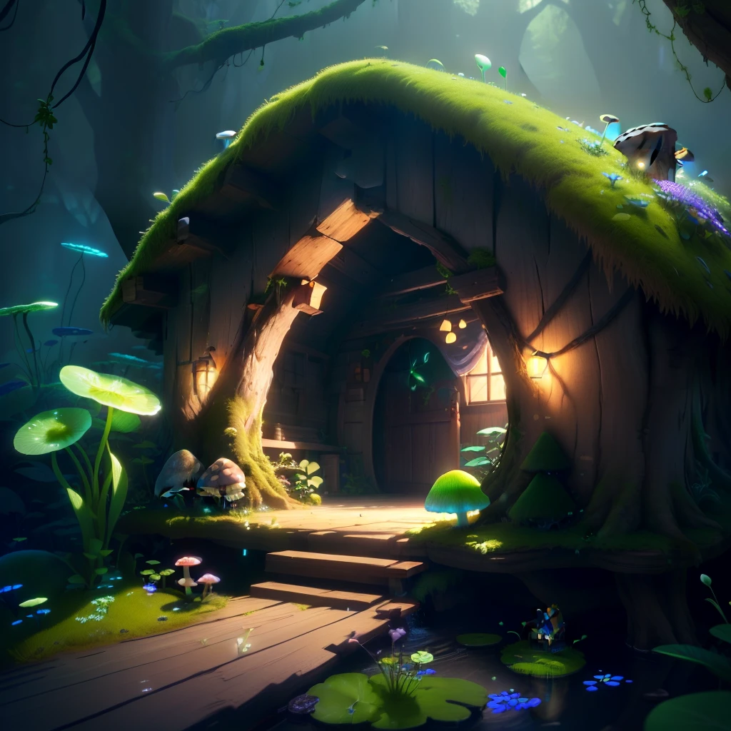 masterpiece, best quality, (extremely detailed CG unity 8k wallpaper), (best quality), (best illustration), (best shadow),（ A mushroom house covered with moss）,(((dew))),（timbo）,（creek）,firefly,clover,wtarlight surrounds the room，petal, isometric 3D, octane render,ray tracing,ultra detailed，