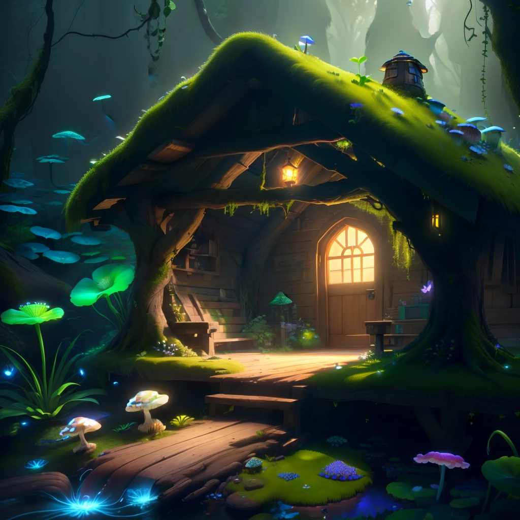 masterpiece, best quality, (extremely detailed CG unity 8k wallpaper), (best quality), (best illustration), (best shadow),( A mushroom house covered with moss),(((dew))),(timbo),(creek),firefly,clover,wtarlight surrounds the room,petal, isometric 3D, octane render,ray tracing,ultra detailed,