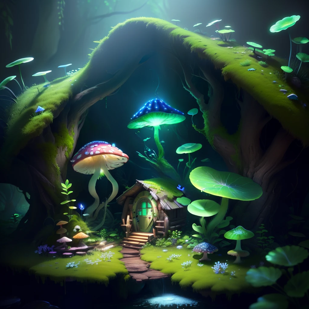 masterpiece, best quality, (extremely detailed CG unity 8k wallpaper), (best quality), (best illustration), (best shadow),( A mushroom house covered with moss),(((dew))),(timbo),(creek),firefly,clover,wtarlight surrounds the room,petal, isometric 3D, octane render,ray tracing,ultra detailed,