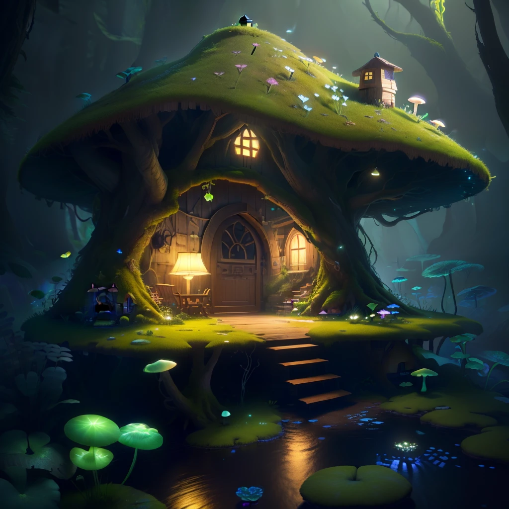 masterpiece, best quality, (extremely detailed CG unity 8k wallpaper), (best quality), (best illustration), (best shadow),（ A mushroom house covered with moss）,(((dew))),（timbo）,（creek）,firefly,clover,wtarlight surrounds the room，petal, isometric 3D, octane render,ray tracing,ultra detailed，