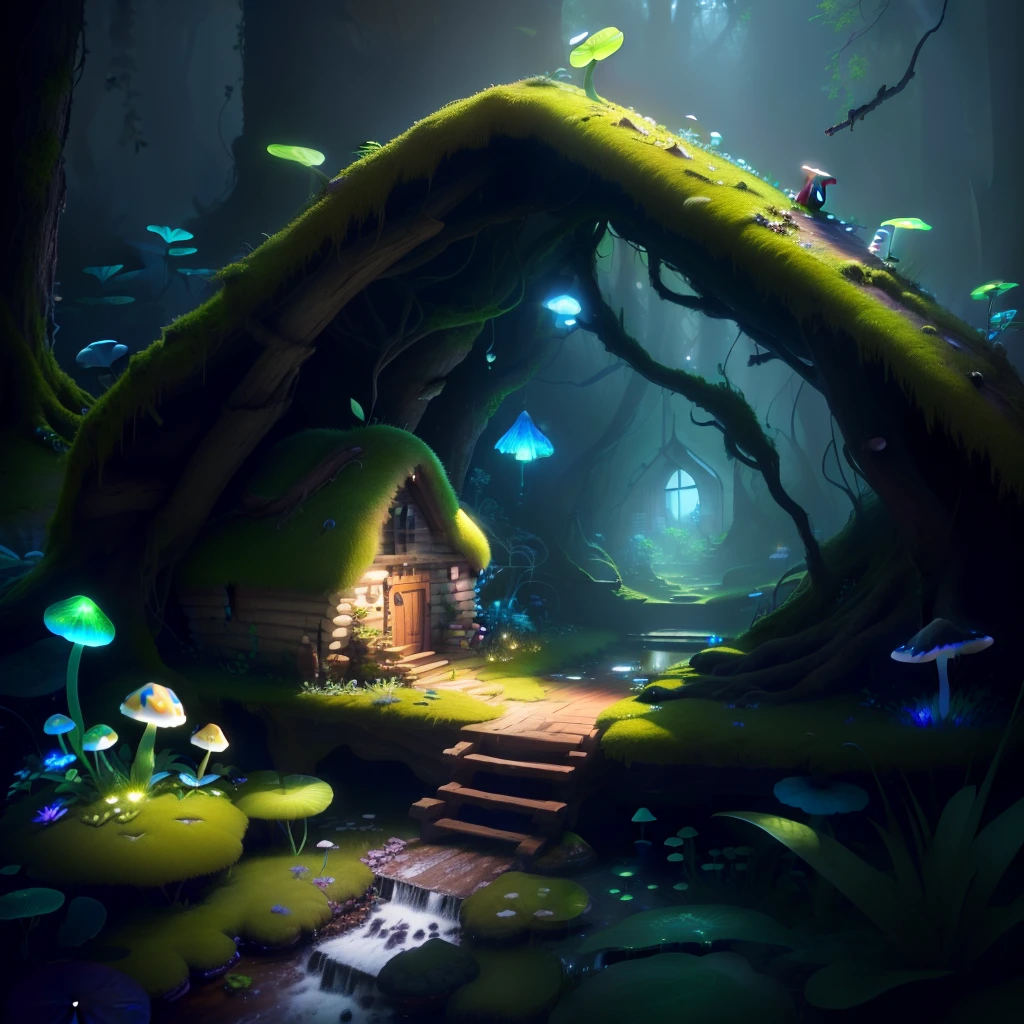 masterpiece, best quality, (extremely detailed CG unity 8k wallpaper), (best quality), (best illustration), (best shadow),（ A mushroom house covered with moss）,(((dew))),（timbo）,（creek）,firefly,clover,wtarlight surrounds the room，petal, isometric 3D, octane render,ray tracing,ultra detailed，