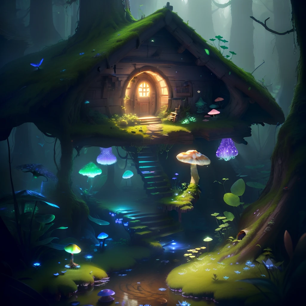 masterpiece, best quality, (extremely detailed CG unity 8k wallpaper), (best quality), (best illustration), (best shadow),( A mushroom house covered with moss),(((dew))),(timbo),(creek),firefly,clover,wtarlight surrounds the room,petal, isometric 3D, octane render,ray tracing,ultra detailed,