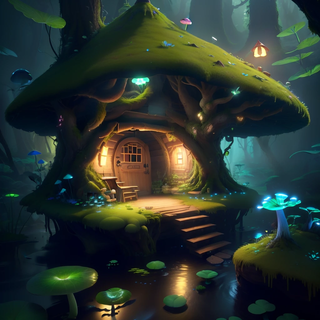 masterpiece, best quality, (extremely detailed CG unity 8k wallpaper), (best quality), (best illustration), (best shadow),（ A mushroom house covered with moss）,(((dew))),（timbo）,（creek）,firefly,clover,wtarlight surrounds the room，petal, isometric 3D, octane render,ray tracing,ultra detailed，