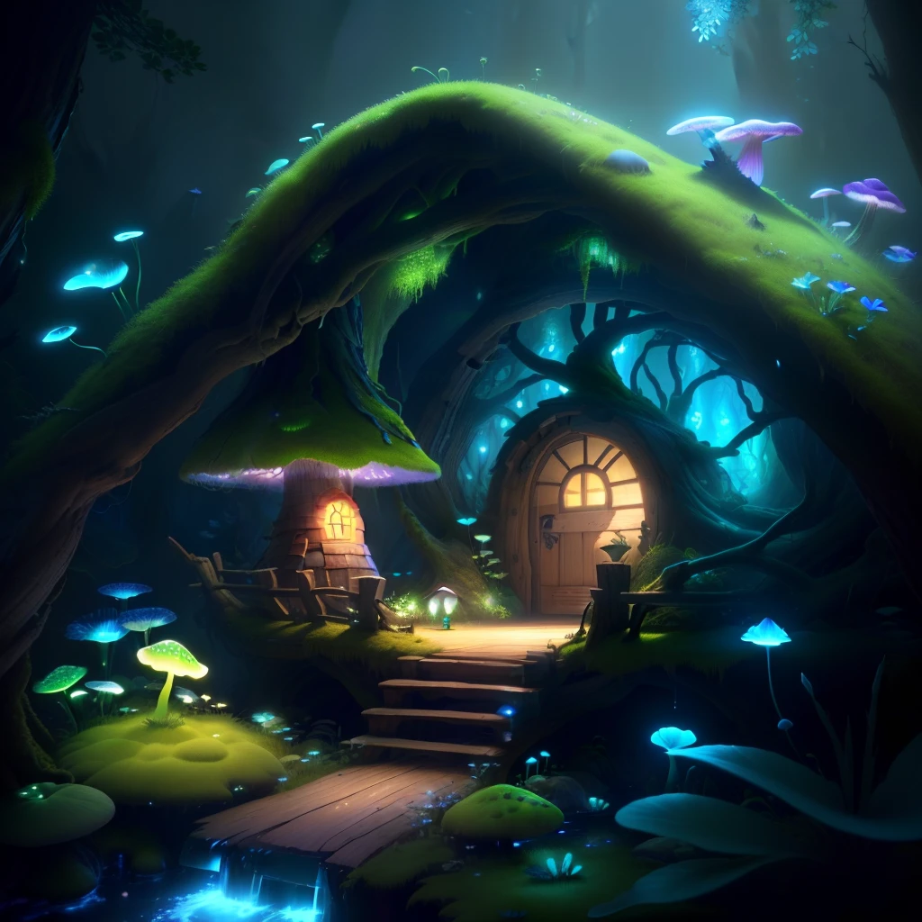 masterpiece, best quality, (extremely detailed CG unity 8k wallpaper), (best quality), (best illustration), (best shadow),( A mushroom house covered with moss),(((Fantasy))),(((spirit))),(((dew))),(timbo),(creek),firefly,clover,wtarlight surrounds the room,petal, isometric 3D, octane render,ray tracing,ultra detailed,