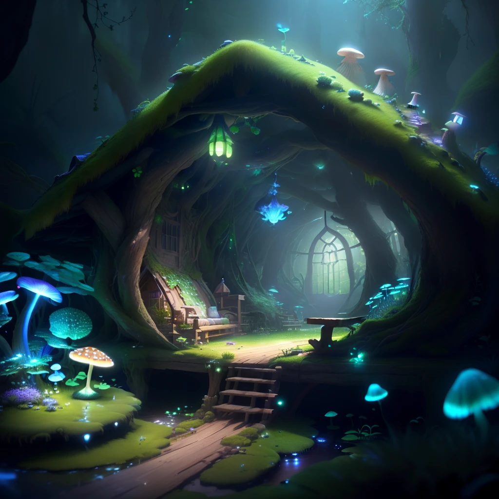 masterpiece, best quality, (extremely detailed CG unity 8k wallpaper), (best quality), (best illustration), (best shadow),( A mushroom house covered with moss),(((Fantasy))),(((spirit))),(((dew))),(timbo),(creek),firefly,clover,wtarlight surrounds the room,petal, isometric 3D, octane render,ray tracing,ultra detailed,