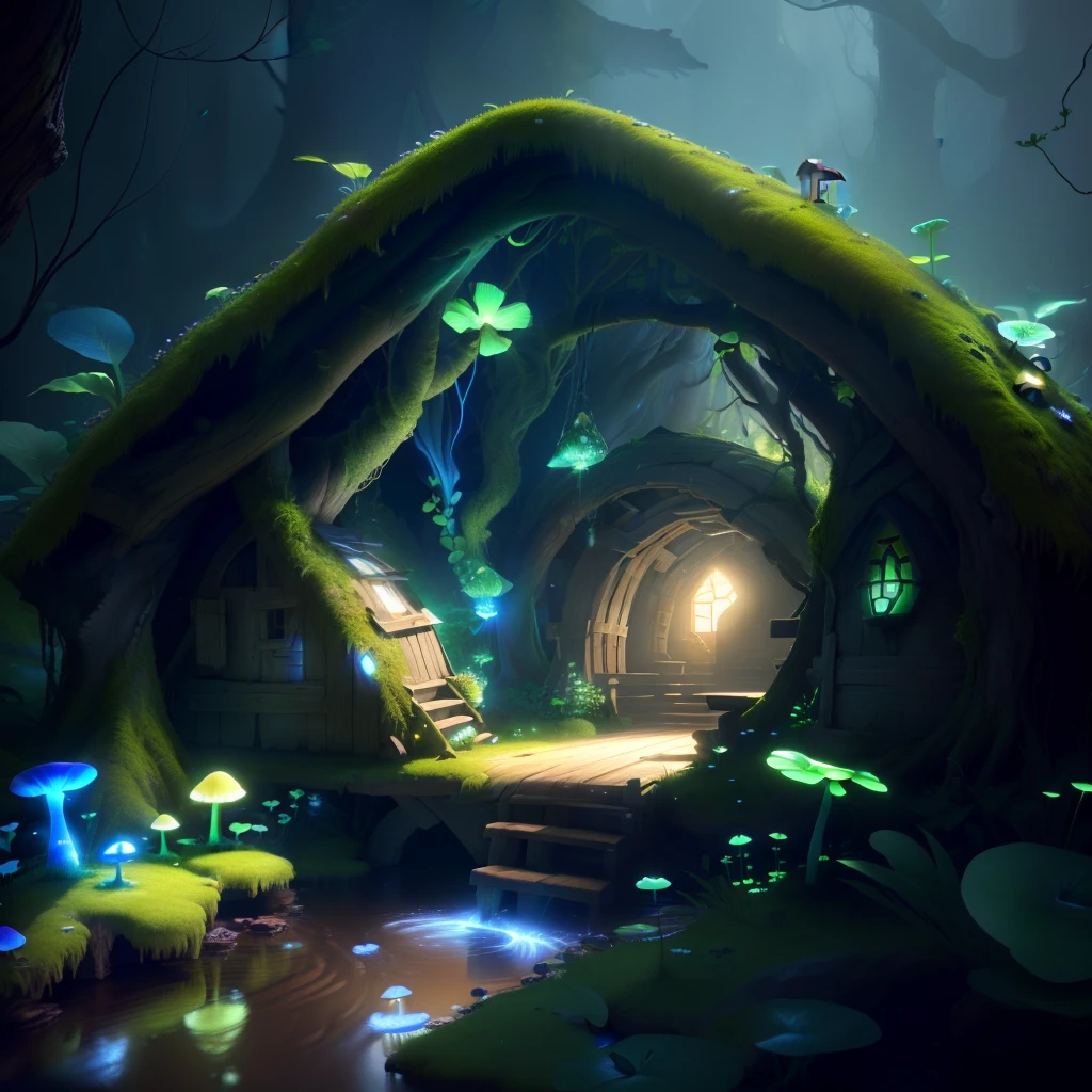 masterpiece, best quality, (extremely detailed CG unity 8k wallpaper), (best quality), (best illustration), (best shadow),( A mushroom house covered with moss),(((Fantasy))),(((spirit))),(((dew))),(timbo),(creek),firefly,clover,wtarlight surrounds the room,petal, isometric 3D, octane render,ray tracing,ultra detailed,