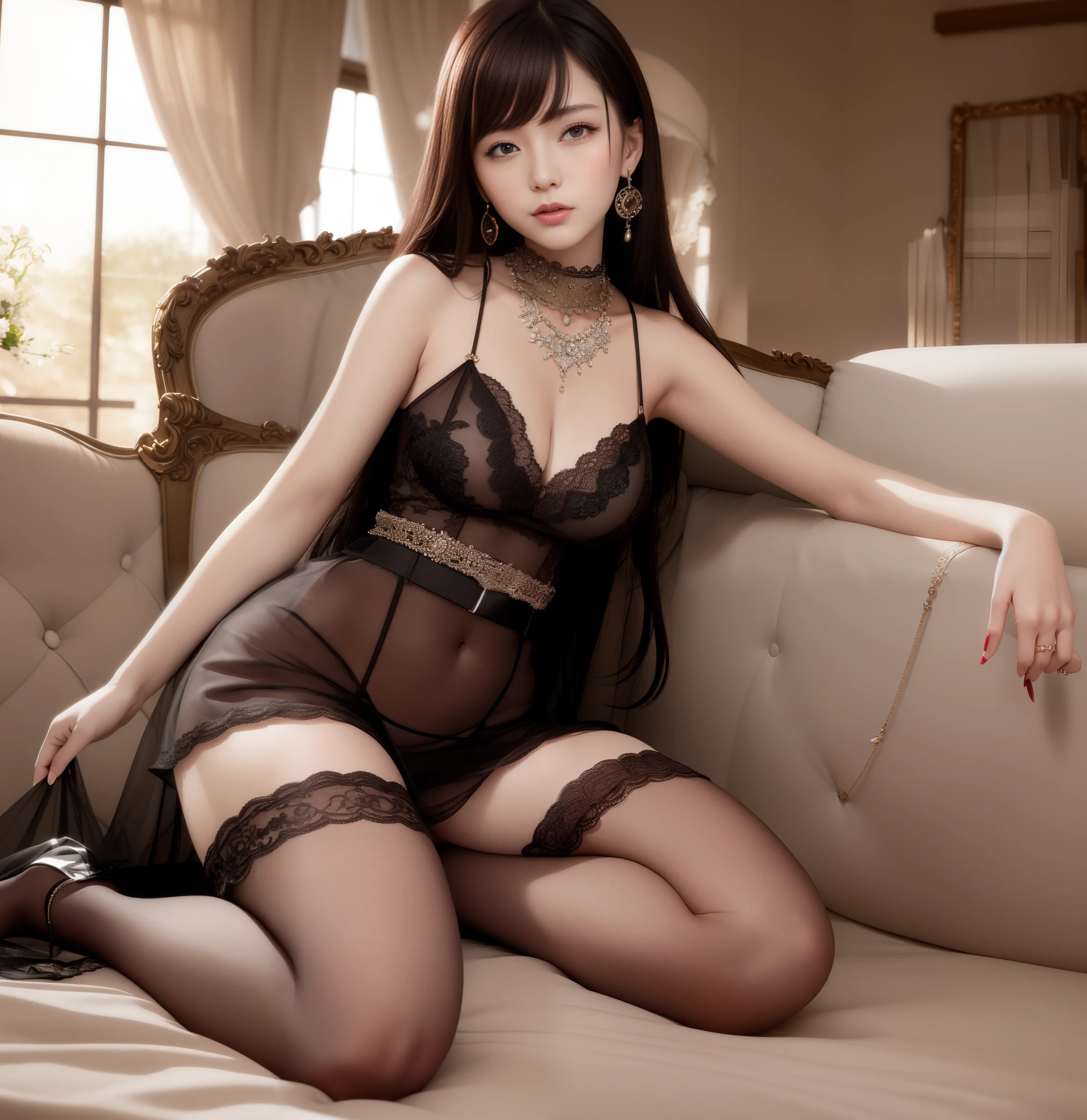 (addielyn), absurdes, mouth closed, balanced eyes,
(Best quality details:1.2),realistic,8K High definition,(1girl:1.2),Ultra Detailed,High quality texture,intricate details,detailed texture,finely detailed,high detail,extremely detailed cg,High quality shadow,Detailed beautiful delicate face,Detailed beautiful delicate eyes,Depth of field,Ray tracing,(a beautiful 25 age years old sexy korean woman:1),medium breast, tall_female, beautiful_legs, Glow Eyes,blush,  perfect body,skinny, 

red 
trendy
Ballgown, 
transparent 
smart
Maxi,

 open coat:1.1, brown plaid skirt:1, stockings and garterbelt:1.2, long flowy hair, cozy living room, sunlight, kneeling on sofa, earrings,necklace, model, looking at viewer, from side, dynamic pose, earrings,necklace, model, looking at viewer, from side, dynamic pose,