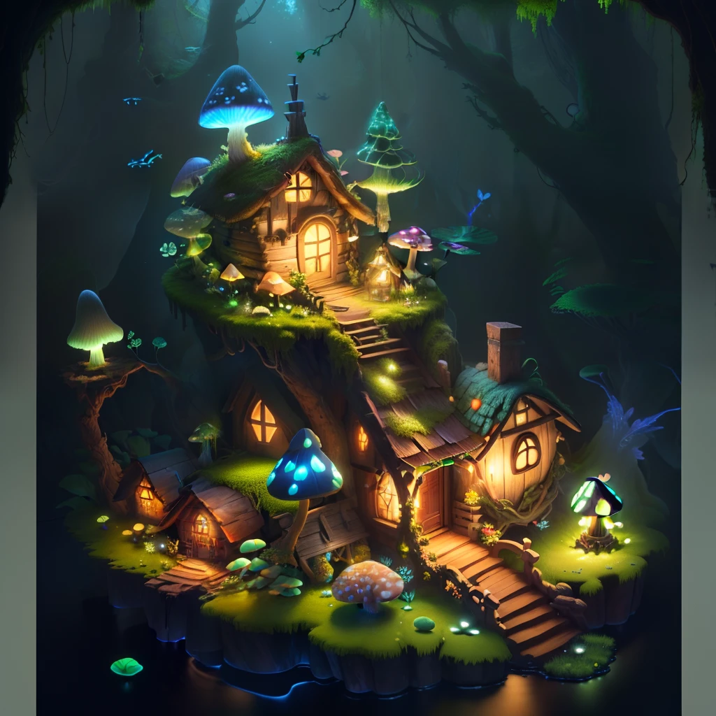 masterpiece, best quality, (extremely detailed CG unity 8k wallpaper), (best quality), (best illustration), (best shadow),（ A mushroom house covered with moss）,(((Fantasy))),(((spirit))),(((dew))),（timbo）,（creek）,firefly,clover,wtarlight surrounds the room，petal, isometric 3D, octane render,ray tracing,ultra detailed，