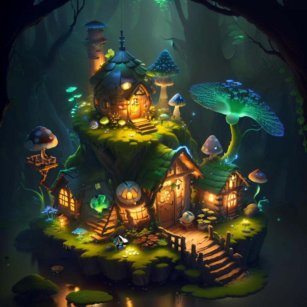 masterpiece, best quality, (extremely detailed CG unity 8k wallpaper), (best quality), (best illustration), (best shadow),（ A mushroom house covered with moss）,(((Fantasy))),(((spirit))),(((dew))),（timbo）,（creek）,firefly,clover,wtarlight surrounds the room，petal, isometric 3D, octane render,ray tracing,ultra detailed，