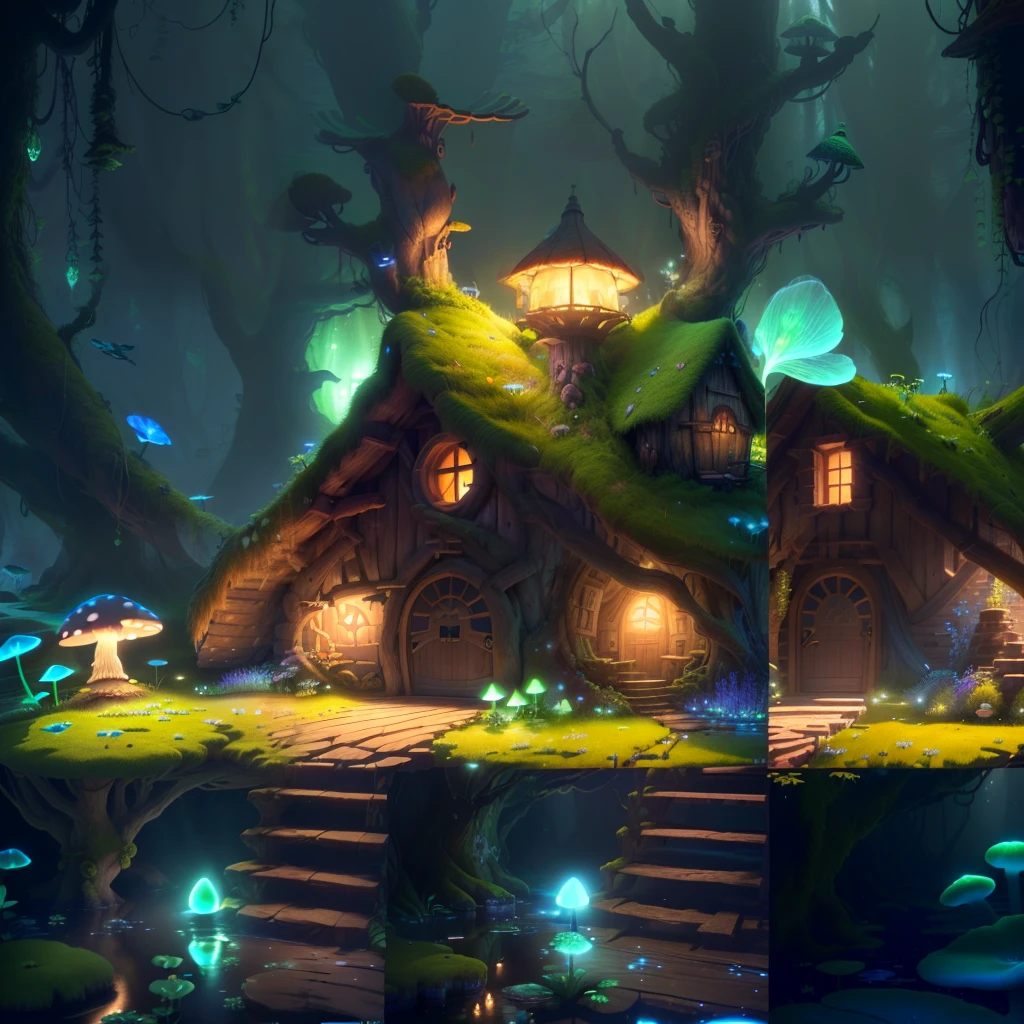 masterpiece, best quality, (extremely detailed CG unity 8k wallpaper), (best quality), (best illustration), (best shadow),( A mushroom house covered with moss),(((Fantasy))),(((spirit))),(((dew))),(timbo),(creek),firefly,clover,wtarlight surrounds the room,petal, isometric 3D, octane render,ray tracing,ultra detailed,