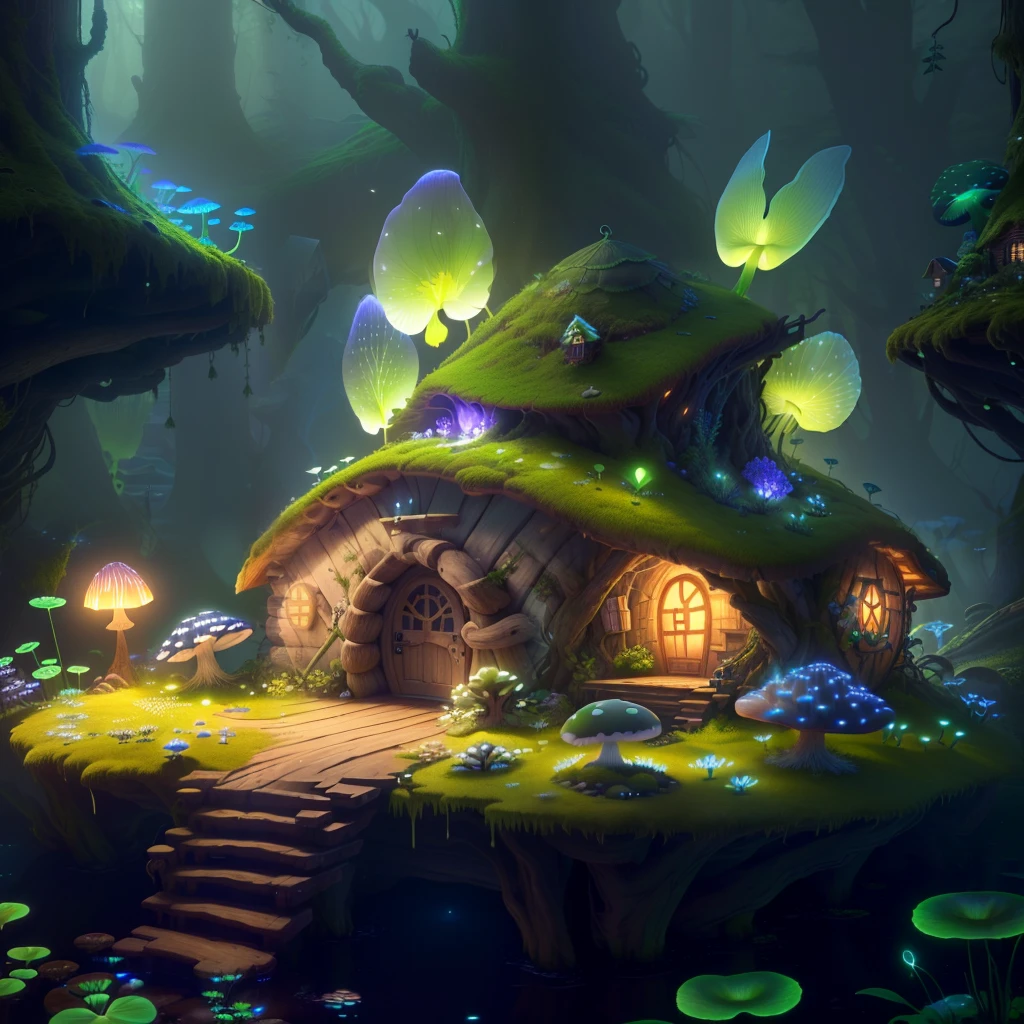 masterpiece, best quality, (extremely detailed CG unity 8k wallpaper), (best quality), (best illustration), (best shadow),（ A mushroom house covered with moss）,(((Fantasy))),(((spirit))),(((dew))),（timbo）,（creek）,firefly,clover,wtarlight surrounds the room，petal, isometric 3D, octane render,ray tracing,ultra detailed，