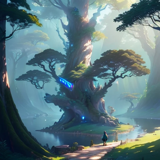 Illustration by Makoto shinkai, tree city, ents, elves, atmospheric, hyper realistic, 8k, epic composition, cinematic, octane render, 16K resolution, rendered in Enscape, Miyazaki, Nausicaa Ghibli, Breath of The Wild, 4k detailed post processing, artstation, focus, no blu
