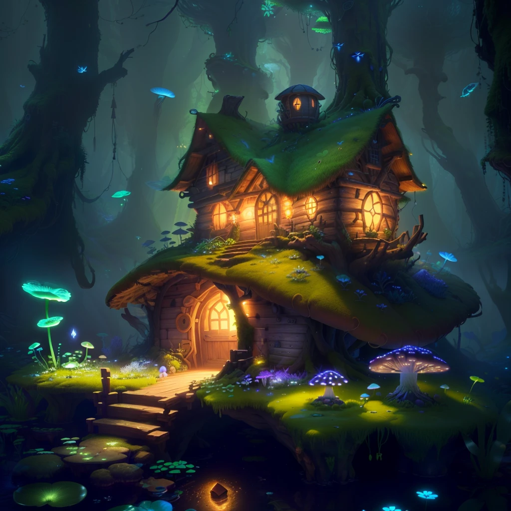 masterpiece, best quality, (extremely detailed CG unity 8k wallpaper), (best quality), (best illustration), (best shadow),（ A mushroom house covered with moss）,(((Fantasy))),(((spirit))),(((dew))),（timbo）,（creek）,firefly,clover,wtarlight surrounds the room，petal, isometric 3D, octane render,ray tracing,ultra detailed，