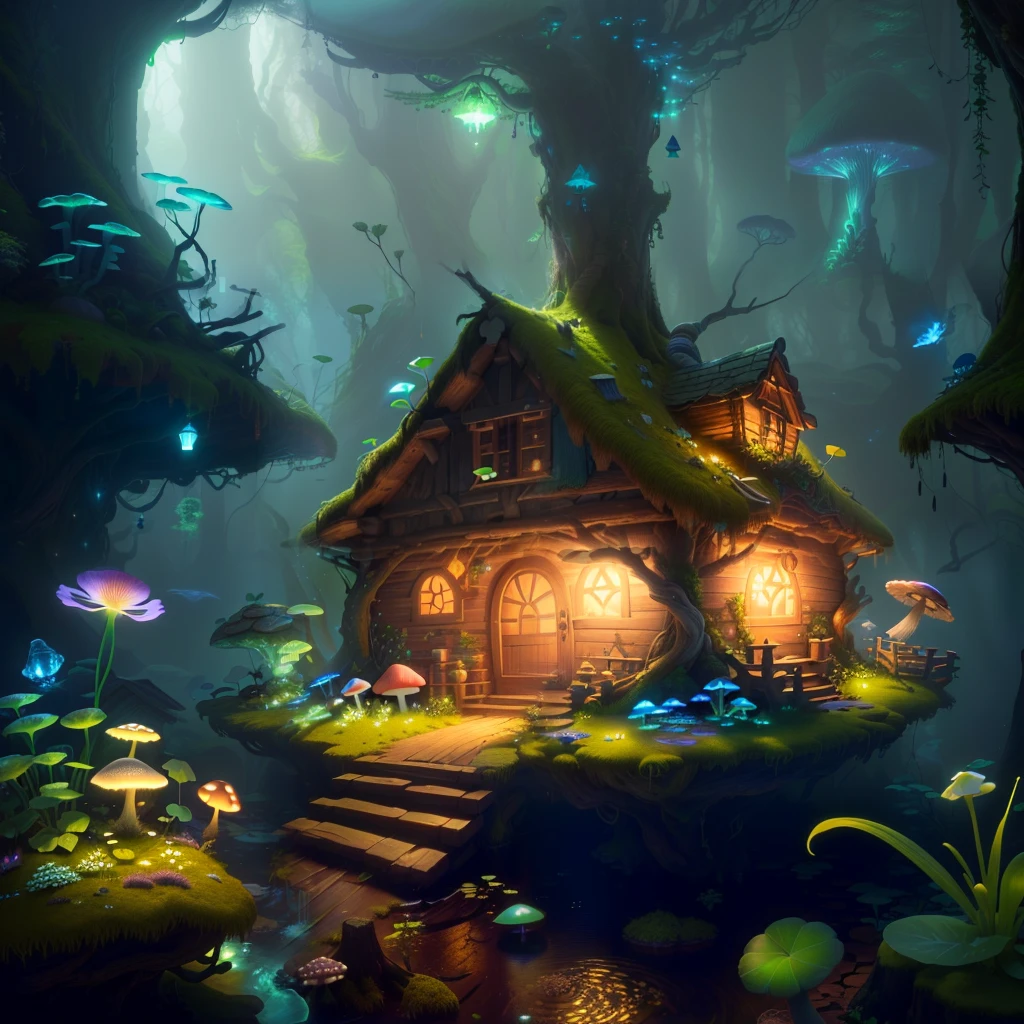 masterpiece, best quality, (extremely detailed CG unity 8k wallpaper), (best quality), (best illustration), (best shadow),( A mushroom house covered with moss),(((Fantasy))),(((spirit))),(((dew))),(timbo),(creek),firefly,clover,wtarlight surrounds the room,petal, isometric 3D, octane render,ray tracing,ultra detailed,