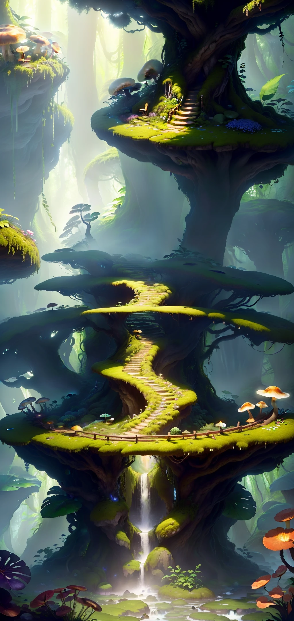 Masterpiece, best quality, (extremely detailed CG unified 8k wallpaper), (best quality), (best illustration), (best shadow), jungle themed natural element background, with exquisite leaves and vines, as well as mushrooms and small flowers, central circular stone platform, stone platform (slightly damaged) (with a small amount of moss around), (natural element), (jungle themed), (Stone Age), isometric 3D, ultra detailed