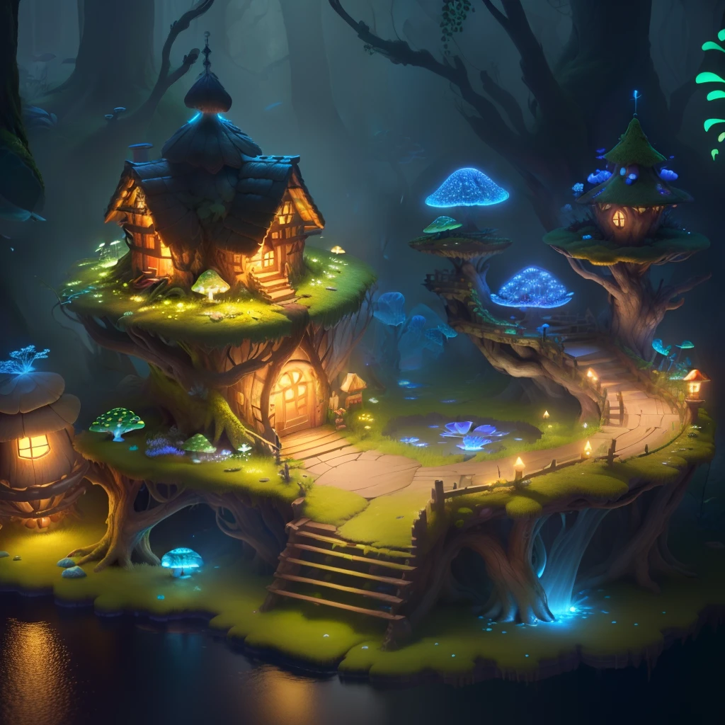 masterpiece, best quality, (extremely detailed CG unity 8k wallpaper), (best quality), (best illustration), (best shadow),( A mushroom house covered with moss),(((Fantasy))),(((spirit))),(((dew))),(timbo),(creek),firefly,clover,wtarlight surrounds the room,petal, isometric 3D, octane render,ray tracing,ultra detailed,