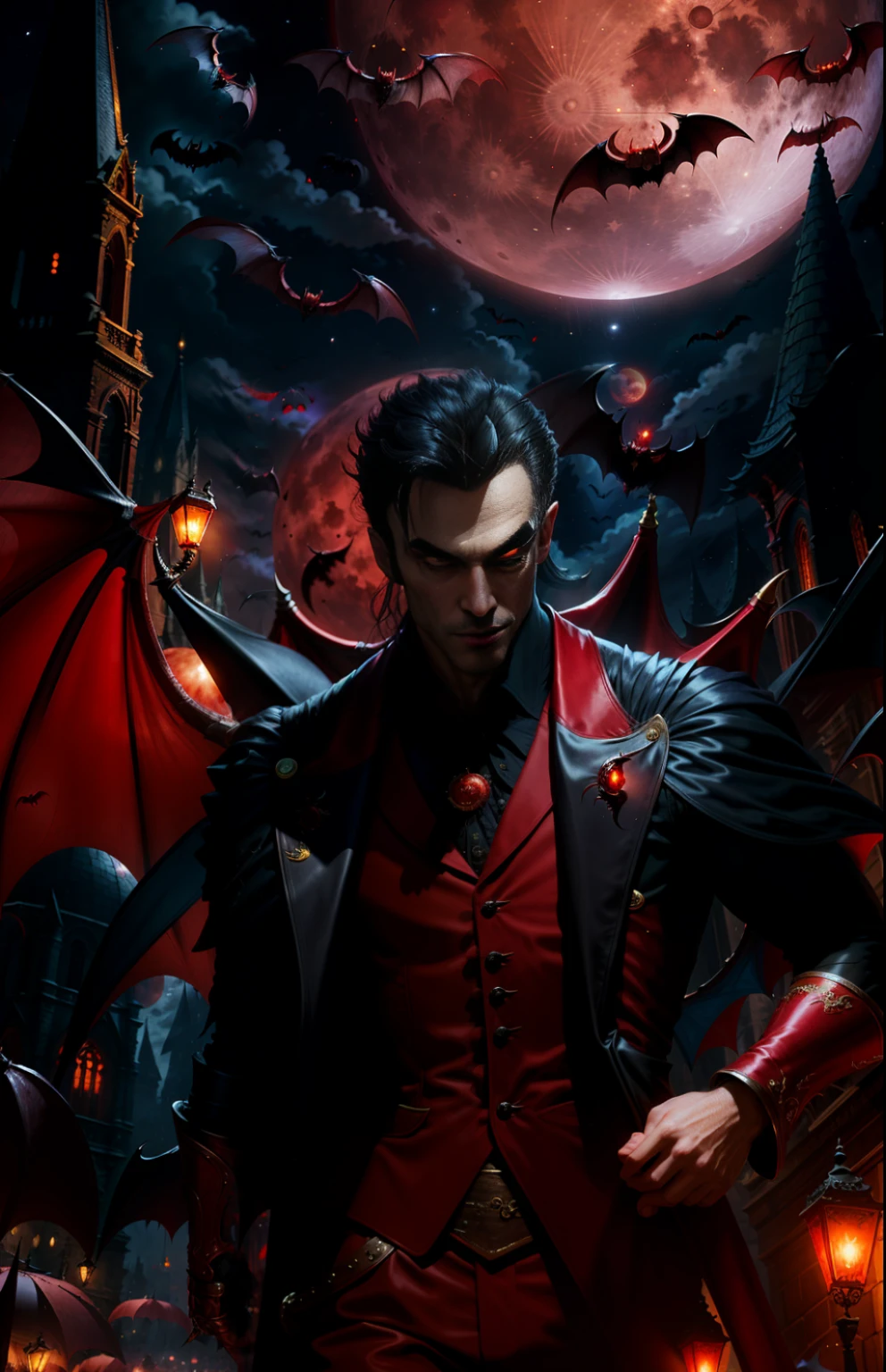 ((NIGHT)),RED MOON,masterpiece, ((ultradetailed)), ((Vampires and crowds)),((NIGHT)),RED MOON