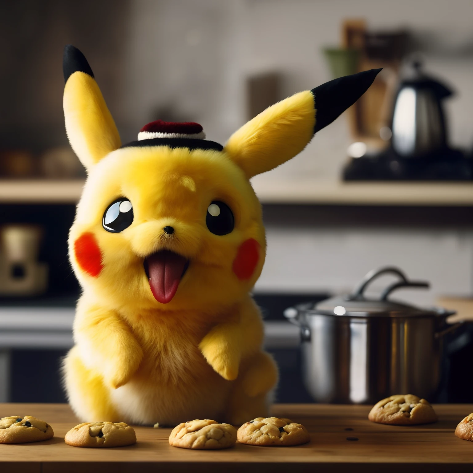 realistic photo of pikachu in 1980 cooking cookies in a kitchen   There's a beautiful woman next to me