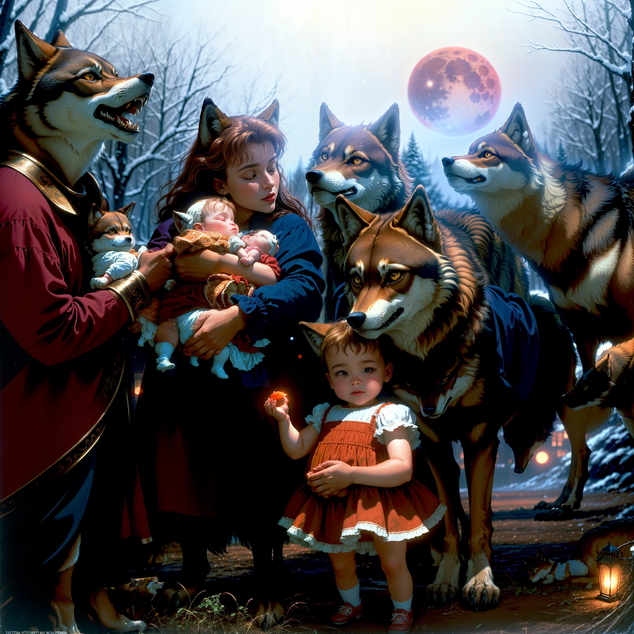 ((NIGHT)),masterpiece, ((ultradetailed)), ((1990s film photo of Wolves holding girls)),RED MOON,