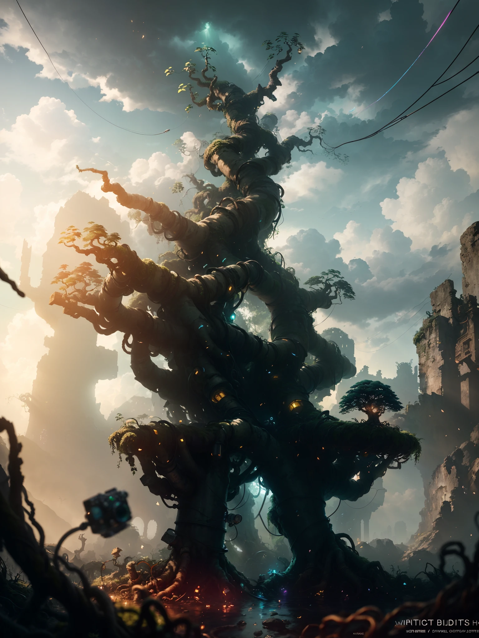 masterpiece, 3D render, highly detailed, high shadow quality, 8K, stunning, hdr, subsurface scattering, global lighting, cinematic still, cinematic, vignetting, 3D, RTX, insane detail, gorgeous patterns,The ruins of the High-tech city stand in the background, Everything was overgrown with weeds and moss, End of the road, a huge tree grew out of the ruins, Trees have stout roots and Lots of branches, (Beneath the skin of the tree lies a wealth of wiring, piping and metal sheeting:1.7), and out to the sky, Parts of the tree intertwine with each other, camera focus on flower, Vision ambiguity, volumetric lighting, caustic, ghst-4000, clrs, 512paintstyle3- light, ((sprite))
,iridescent accents, albedo from overlord, the library of gems, intricate abstract. intricate artwork, by tooth wu, wlop, beeple, dan mumford. concept art, octane render, trending on artstation, greg rutkowski very coherent symmetrical artwork. cinematic, key art, hyper realism, high detail, octane render, 8 k, iridescent accents