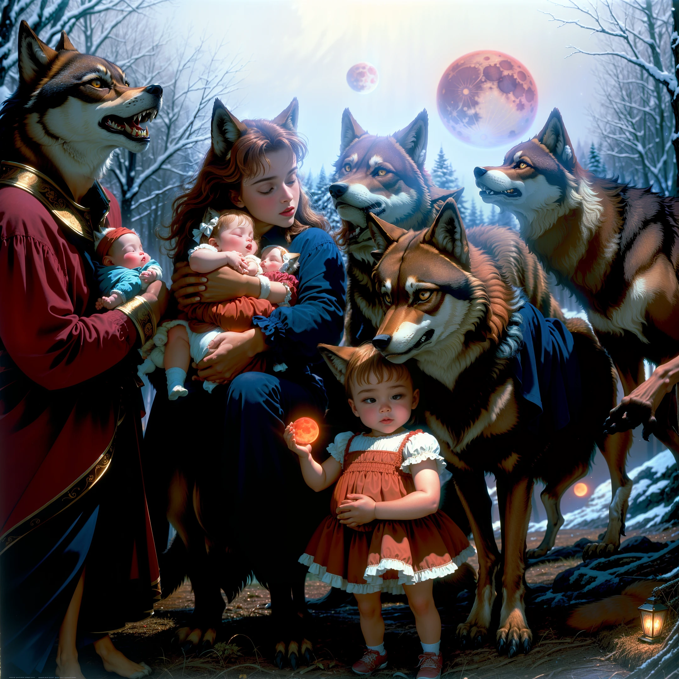 ((NIGHT)),masterpiece, ((ultradetailed)), ((1990s film photo of Wolves holding little baby girls)),RED MOON,