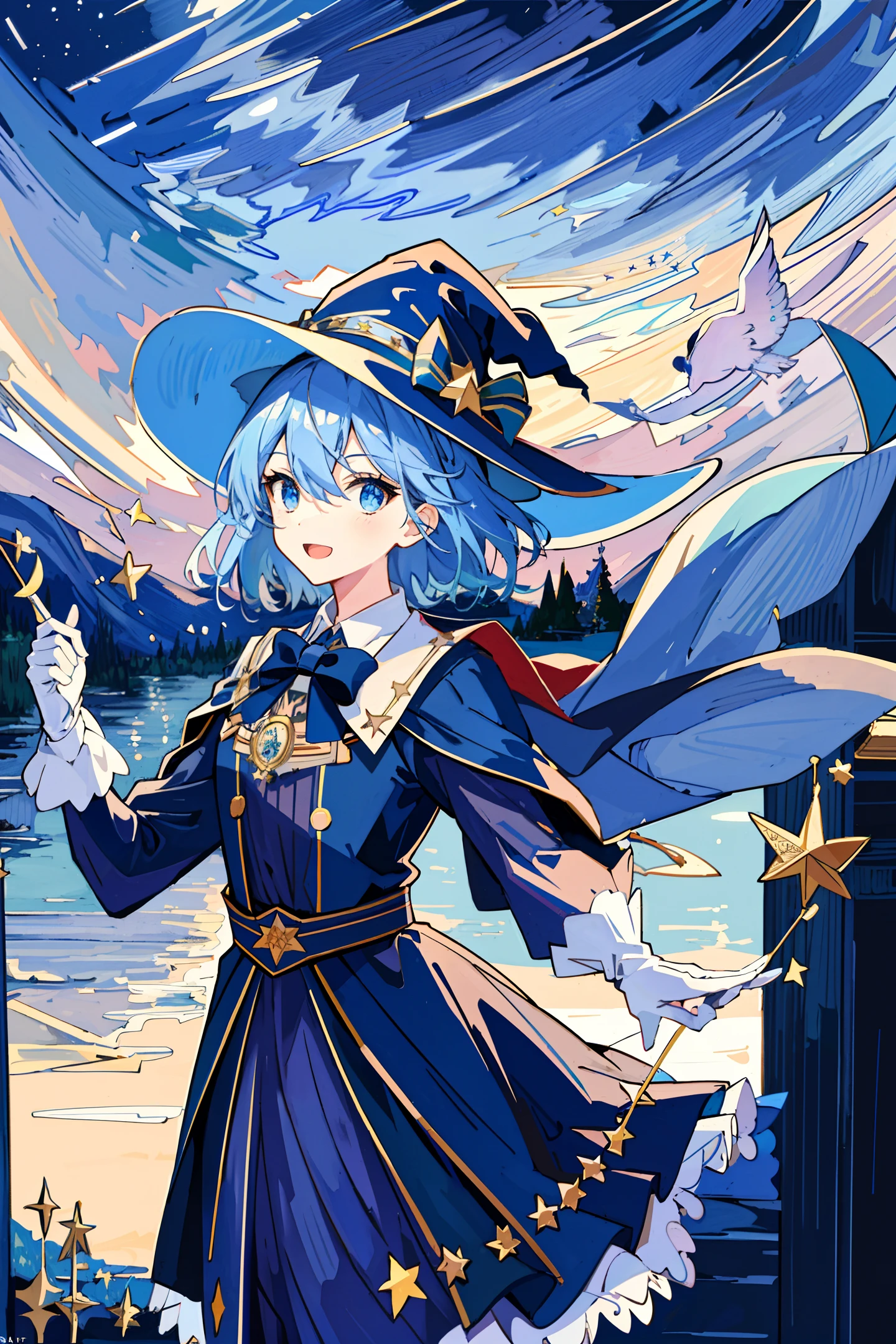 ((masterpiece:1.2, best quality)), 1boy, solo, (witch hat), Light blue hair, Short hair, dress, aurora, night, star (sky), gloves, sky, night sky, open mouth, starry sky, blue eyes, ribbon, smile, hair ribbon, cape, blue hair, (bird), magic, casting spell, dark clouds, night, (impressionism:1.4), (tarot:1.3)