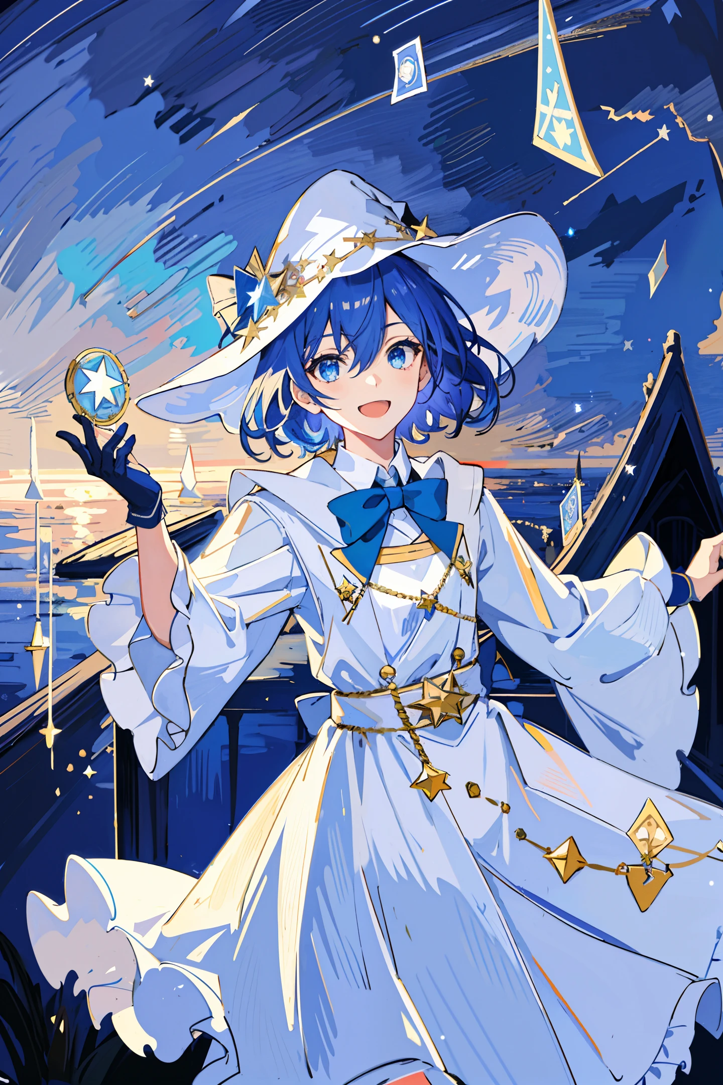 ((masterpiece:1.2, best quality)), 1boy, solo, (witch hat), Light blue hair, Short hair, dress, aurora, night, star (sky), gloves, sky, night sky, open mouth, starry sky, blue eyes, ribbon, smile, hair ribbon, cape, blue hair, (bird), magic, casting spell, dark clouds, night, (impressionism:1.4), (tarot:1.3)