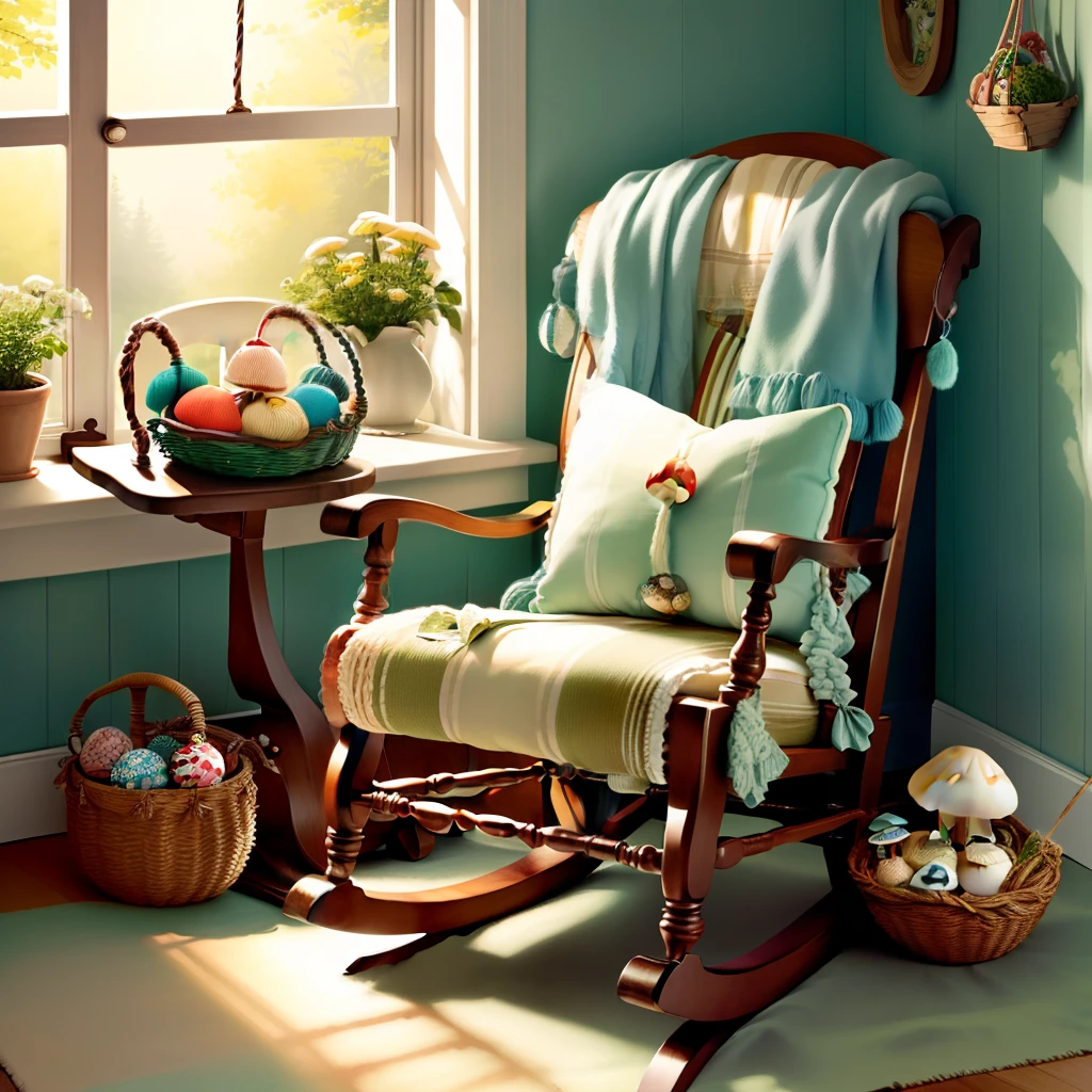 Mini's rocking chair with yarn balls on the chair, and a mushroom basket next to the chair, and the mushroom basket with yarn balls
