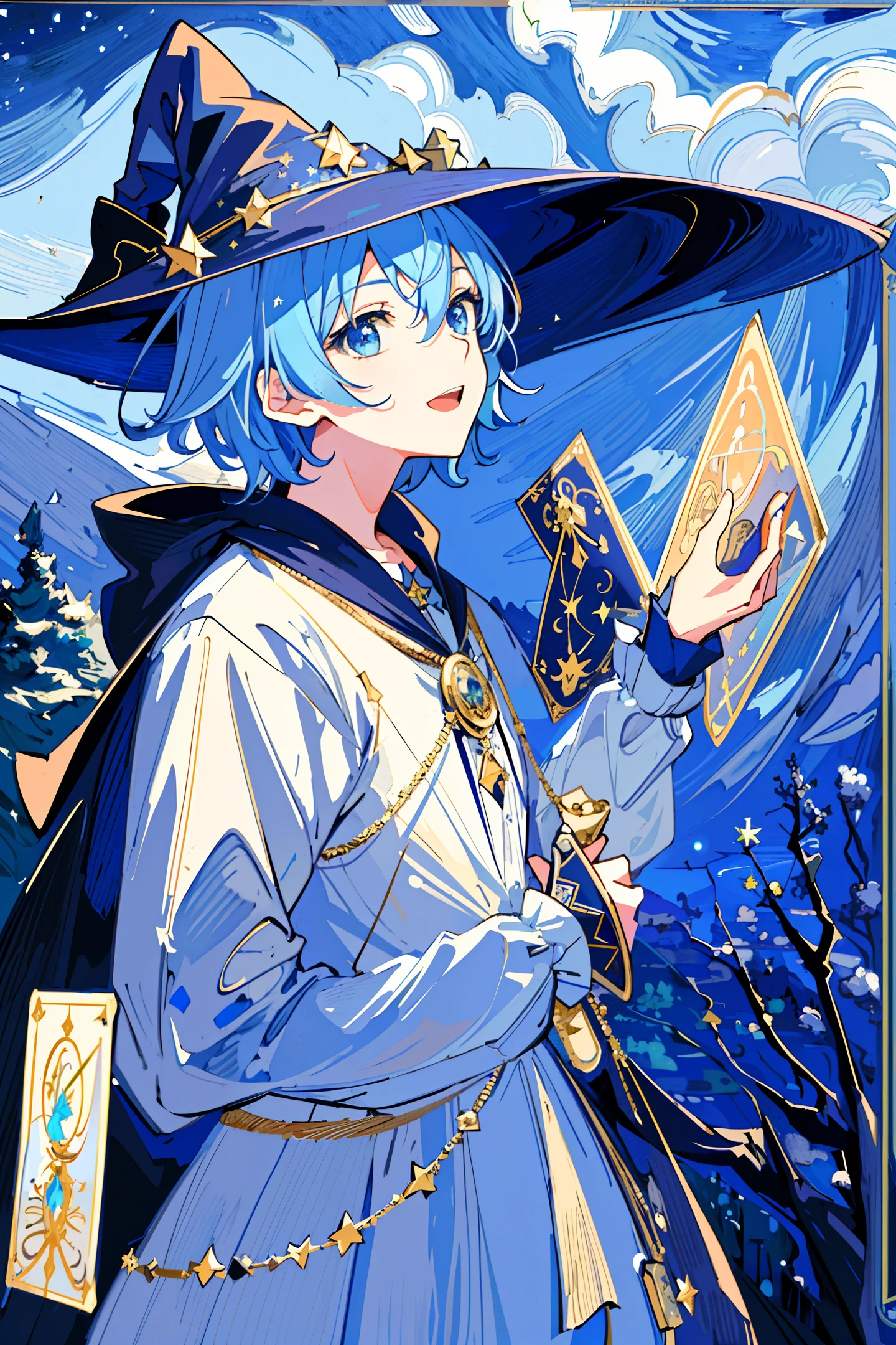 ((masterpiece:1.2, best quality)), 1boy,(boy), solo, (witch hat), Light blue hair, Short hair, aurora, night, star (sky), gloves, sky, night sky, open mouth, starry sky, blue eyes, smile, hair ribbon, cape, blue hair, (bird), magic, casting spell, dark clouds, night, (impressionism:1.4), (tarot:1.3)