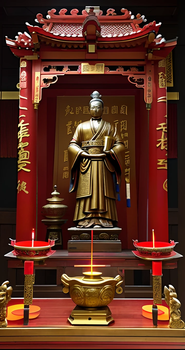 Front view, parallel view, this is a close-up view, shrine, red candle, incense burner, incense table, classical atmosphere, golden light overflowing, classical decoration, Chinese style ancestral hall, statue of Guan Yunchang, indoor scene, bright lighting