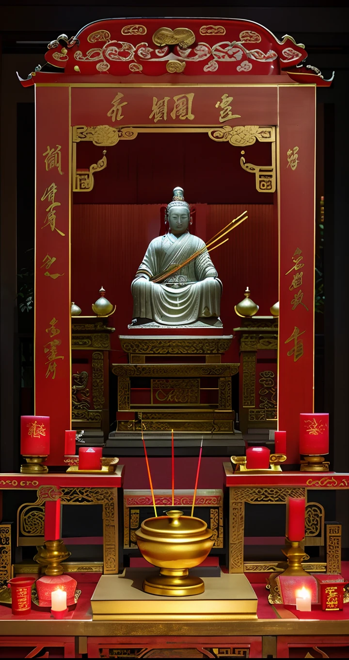 Front view, parallel view, this is a close-up view, shrine, red candle, incense burner, incense table, classical atmosphere, golden light overflowing, classical decoration, Chinese style ancestral hall, statue of Guan Yunchang, indoor scene, bright lighting