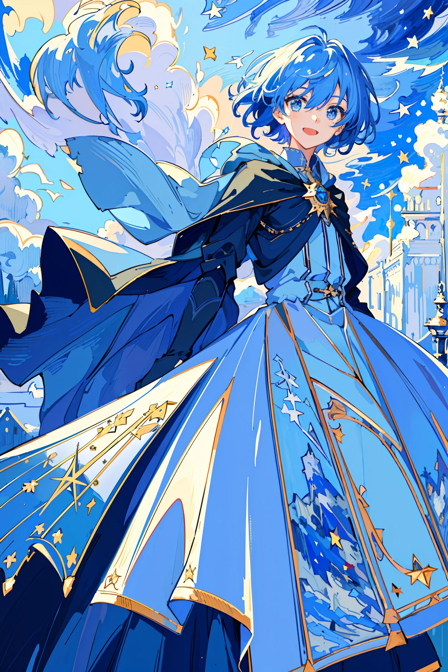 ((masterpiece:1.2, best quality)), 1boy,((boy)), solo, Light blue hair, Short hair, aurora, night, star (sky), gloves, sky, night sky, open mouth, starry sky, blue eyes, smile, hair ribbon, cape, blue hair, (bird), magic, casting spell, dark clouds, night, (impressionism:1.4), (tarot:1.3)