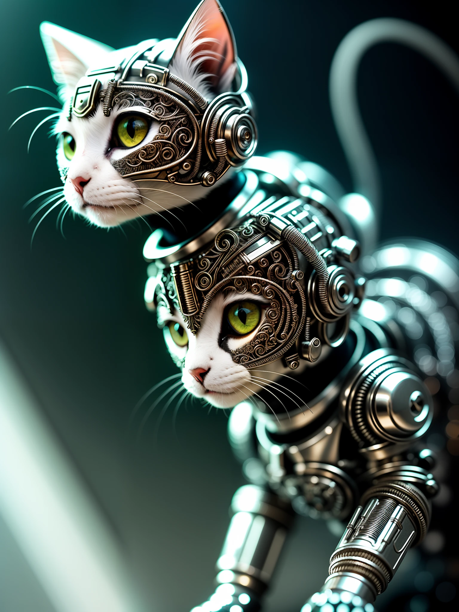 a cute kitten made out of metal, (cyborg:1.1), ([tail | detailed wire]:1.3), (intricate details), hdr, (intricate details, hyperdetailed:1.2), cinematic shot, vignette, centered