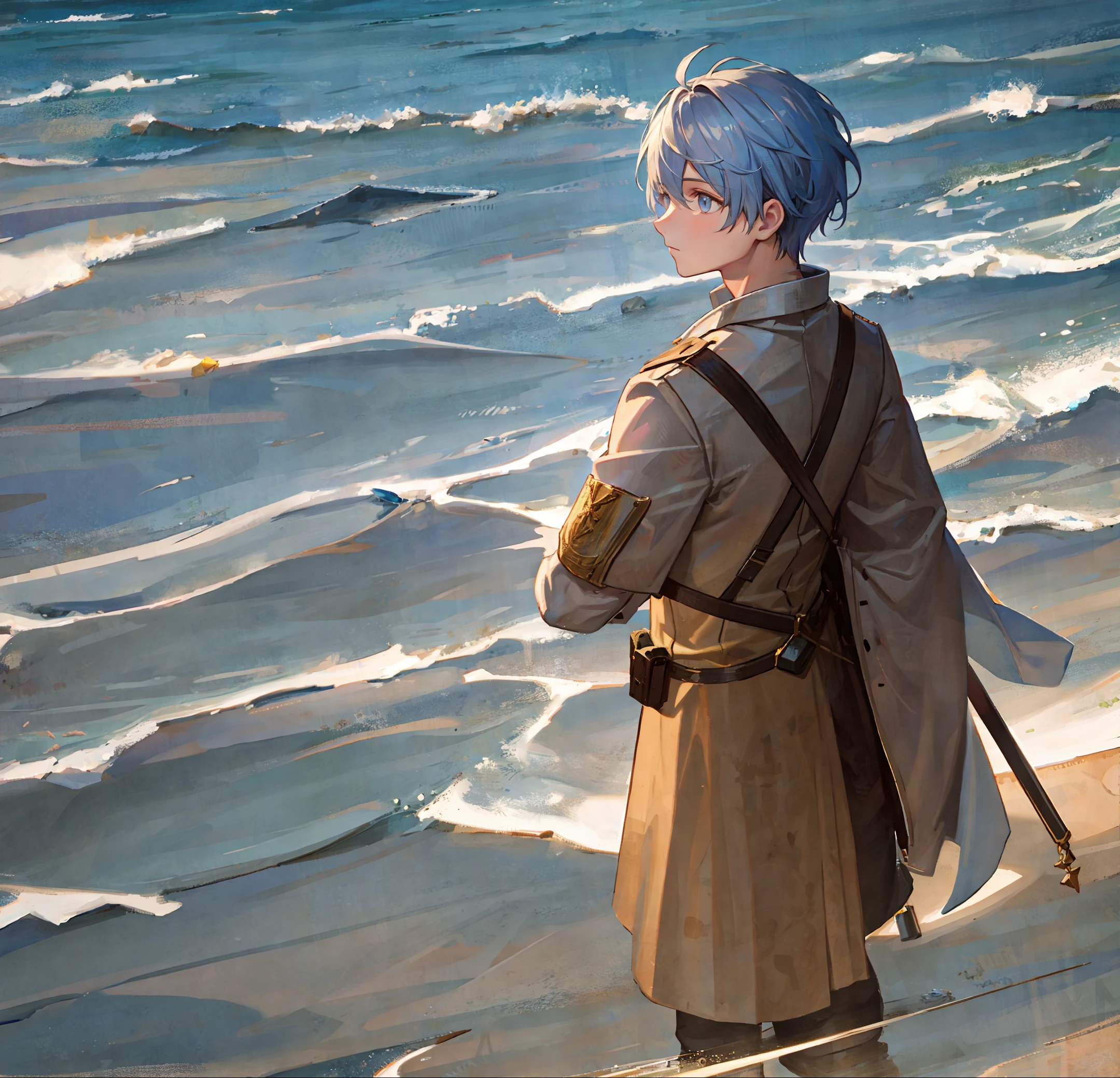 (extremely detailed and high-quality illustration),(best lighting and shadow effects, ultra-realistic), beach, young man with a wheat skin tone and short light blue hair, looking out at the ocean with a pensive expression.