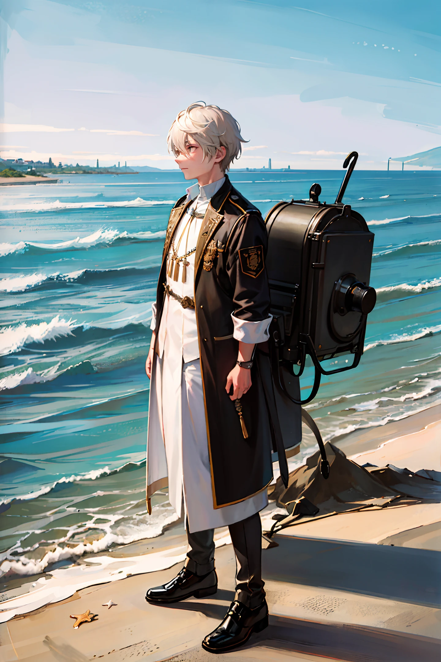 (extremely detailed and high-quality illustration),(best lighting and shadow effects, ultra-realistic), beach, young man with a wheat skin tone and short light white hair, looking out at the ocean with a pensive expression,muscle