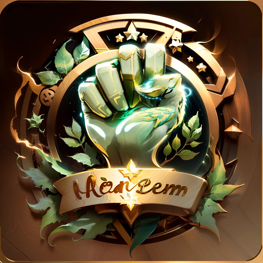 "A golden badge icon with a realistic and natural fantasy art style. The badge is circular in shape, featuring an upward-facing fist design in the center, made of wood material. Leaf-shaped design elements are on both sides, made of plant material. The light source of the badge icon is a 60-degree oblique overhead light, with a greenish-blue reflection in the dark areas."