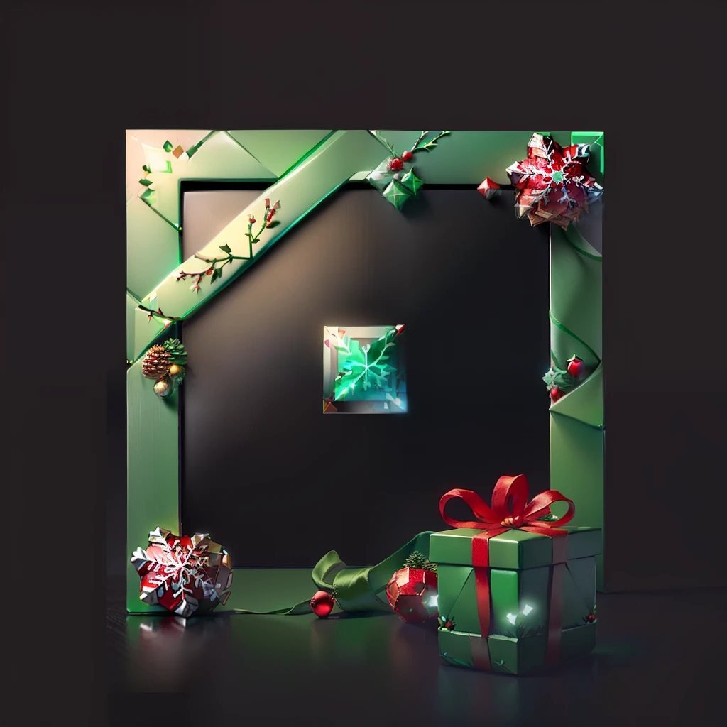 (square avatar frame:1.5), Hollow, (UI interface frame design), green and red Christmas theme, pine cones, snowflakes, colored balls, bows, gift box, christmas tree, mistletoe, candy cane, bell, particle effect, glowing, simple background, masterpiece, best quality, extremely detailed CG unity 8k wallpaper, best quality, best illustration, ultra detailed
