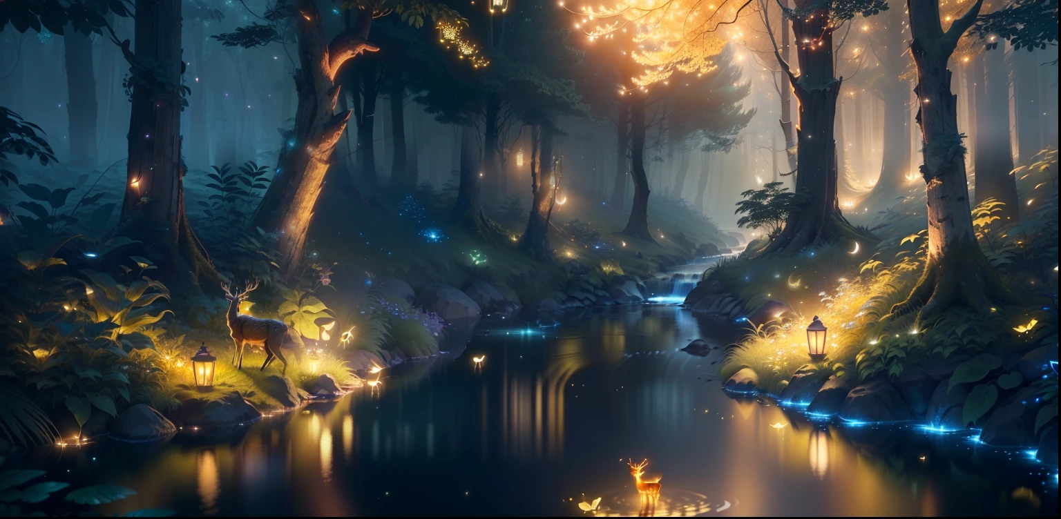 Masterpiece, best quality, (very detailed CG unity 8k wallpaper), (best quality), (best illustration), (best shadows), glow sprite, with a glowing deer, in a pool Drinking water, natural elements in the forest theme. Mysterious forest, beautiful forest, nature, surrounded by flowers, delicate leaves and branches surrounded by fireflies (natural elements), (jungle theme), (leaves), (twigs), (fireflies), (particle effects), etc. 3D, Octane rendering, ray tracing, ultra-detailed
