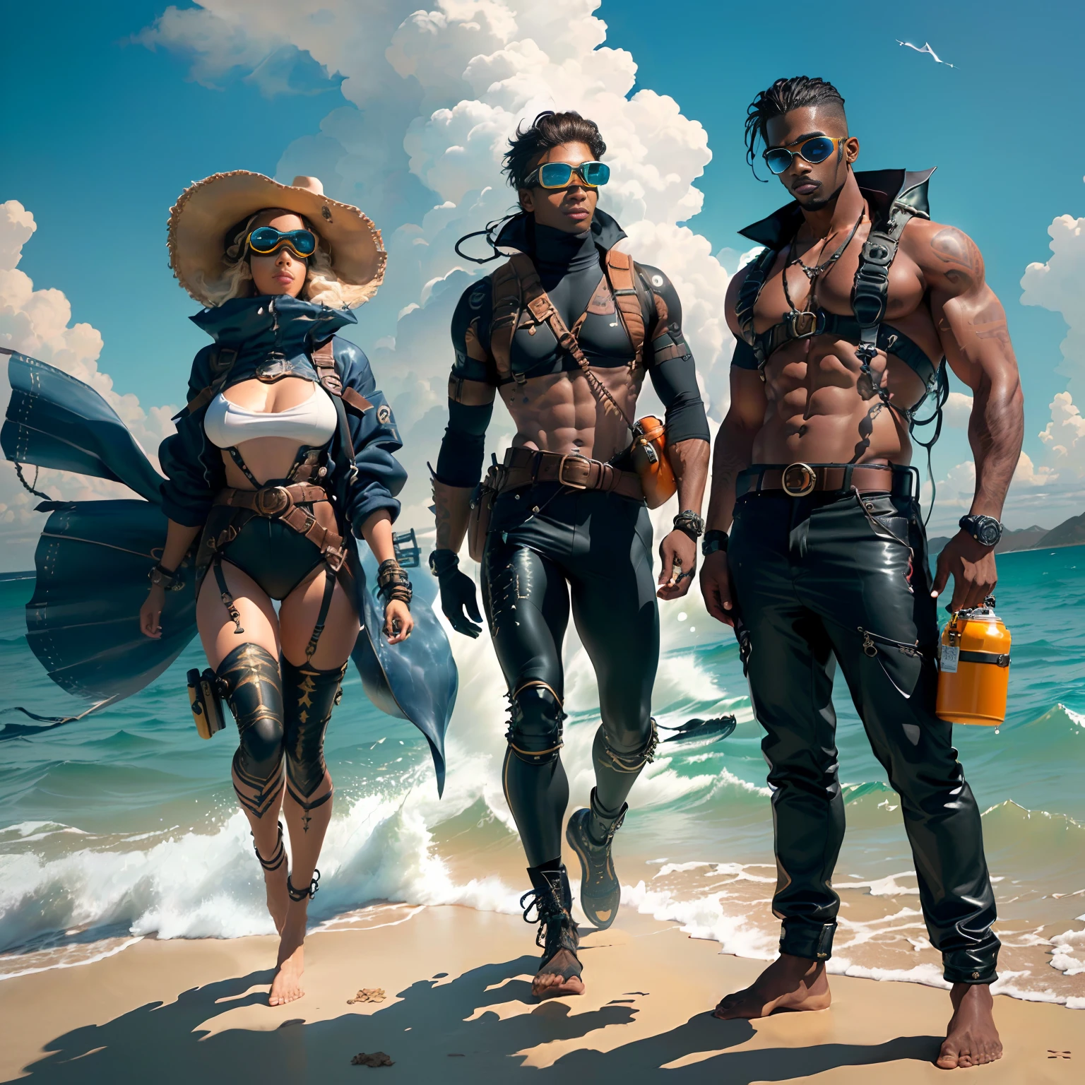 (Extreme), (Super Fine), (Masterpiece), Illustration, (((Full Body))), (Latin Beauty), ((Decadent Wind)), water-related elements, dark end-of-the-world, beast-toothed cold weapon, brown Skin, goggles on waist, rope, belt, face paint totem, Casual standing,wears (diving accessory), ((laser headset)), freshwater storage jug