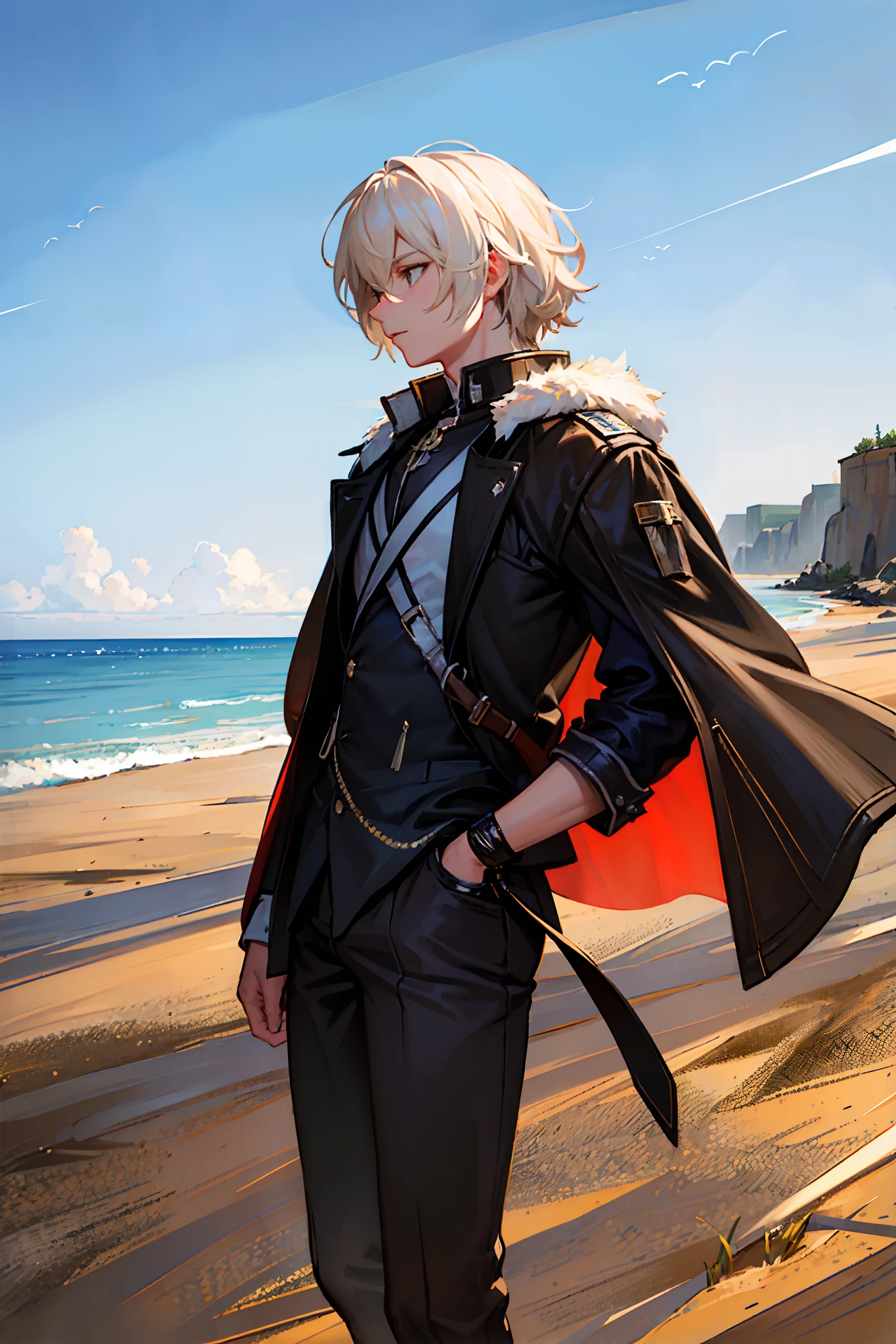 (extremely detailed and high-quality illustration),(best lighting and shadow effects, ultra-realistic), beach, young man with a wheat skin tone and short light white hair, looking out at the ocean with a pensive expression,muscle