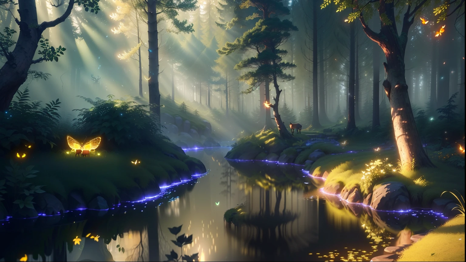 Masterpiece, best quality, (green forest), beautiful sunshine (very detailed CG unity 8k wallpaper), (best quality), (best illustration), (best shadows), glowing sprites , with a glowing deer drinking water in the swimming pool, natural elements in the forest theme. Mysterious forest, beautiful forest, nature, surrounded by flowers, delicate leaves and branches surrounded by fireflies (natural elements), (jungle theme), (leaves), (twigs), (fireflies), (particle effects) etc. 3D , Octane rendering, ray tracing, super detailed