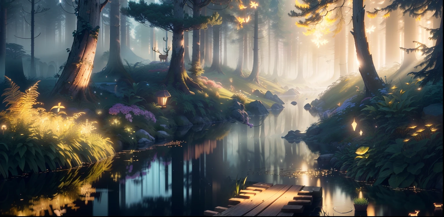 Masterpiece, best quality, (very detailed CG unity 8k wallpaper), (best quality), (best illustration), (best shadows), with a glowing deer drinking water by a pool, forest Natural elements in the theme. Mysterious forest, beautiful forest, nature, surrounded by flowers, delicate leaves and branches surrounded by fireflies (natural elements), (jungle theme), (leaves), (twigs), (fireflies), (particle effects), etc. 3D, Octane rendering, ray tracing, ultra-detailed