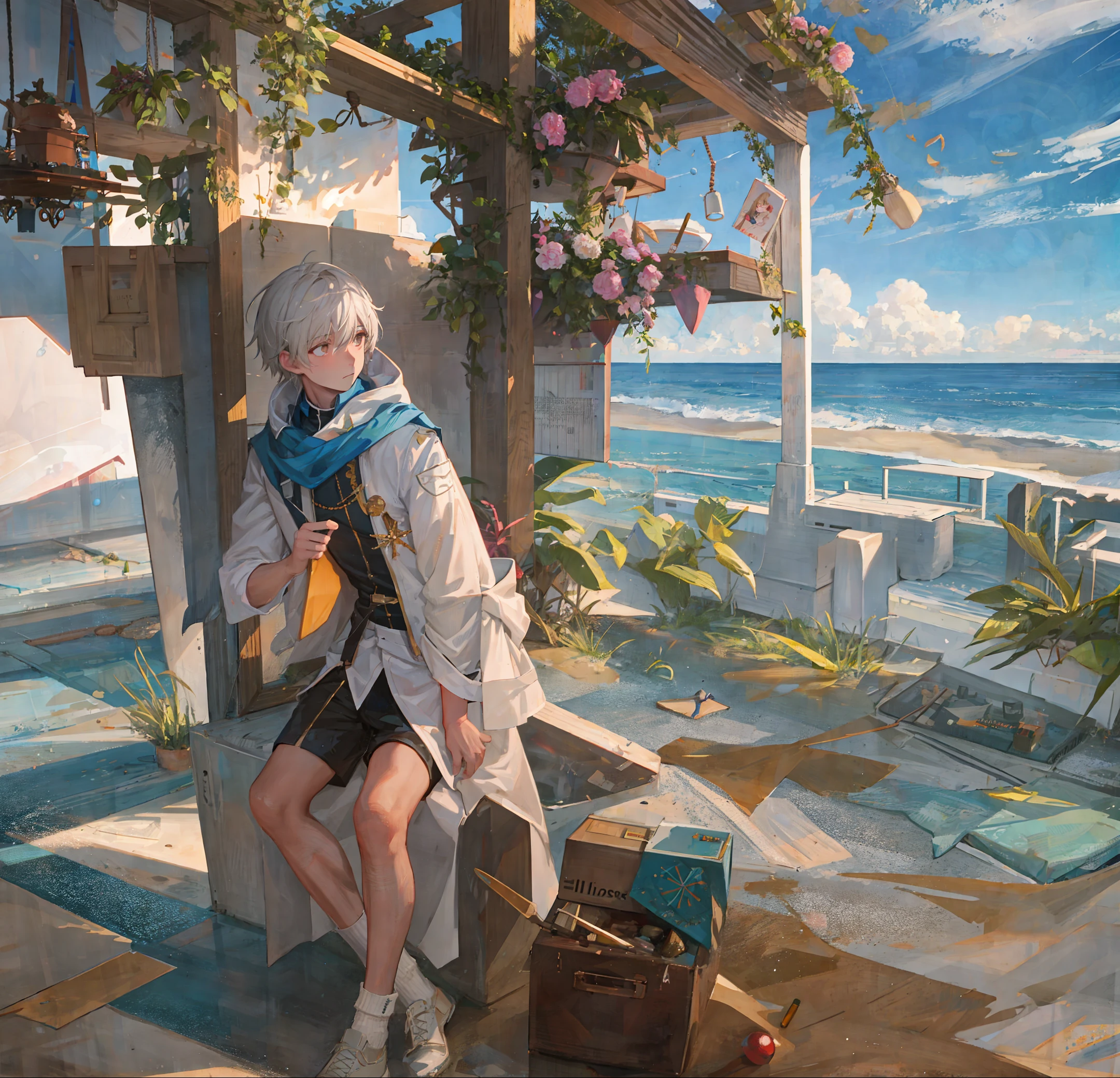(extremely detailed and high-quality illustration),(best lighting and shadow effects, ultra-realistic), beach, young man with a wheat skin tone and short light white hair, looking out at the ocean with a pensive expression,muscle,White socks