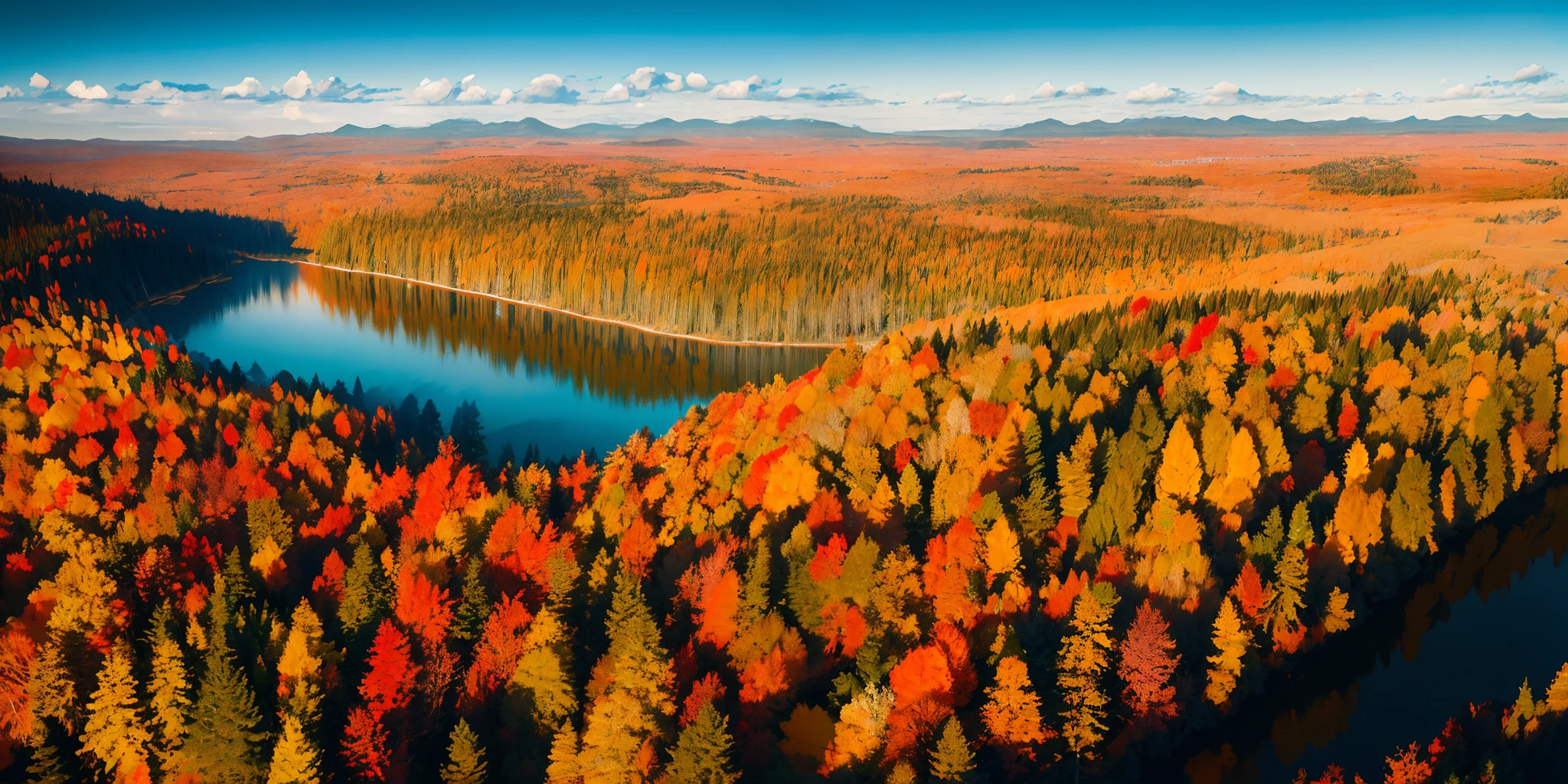 masterpiece, best quality, very detail shadow, high quality,landscape with texture,award winning photography, Bokeh, Depth of Field, HDR, bloom, Chromatic Aberration ,Photorealistic,extremely detailed, trending on artstation, trending on CGsociety, Intricate, High Detail, dramatic, China National Geographic, (Aerial overhead view), Wide-angle lens, (A Canadian forest in late autumn)