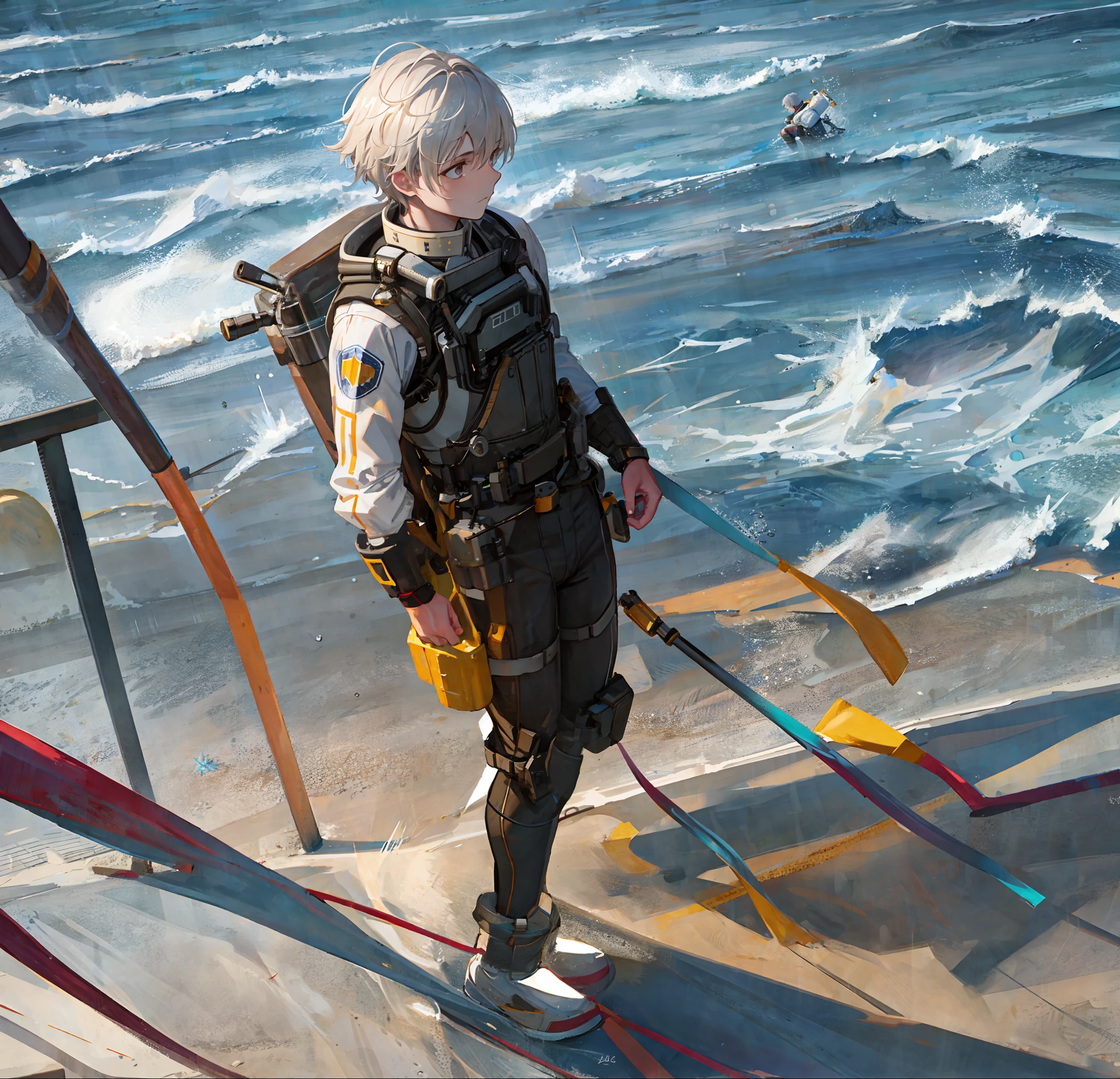 (extremely detailed and high-quality illustration),(best lighting and shadow effects, ultra-realistic), beach, young man with a wheat skin tone and short light white hair, looking out at the ocean with a pensive expression,muscle,Diving suit