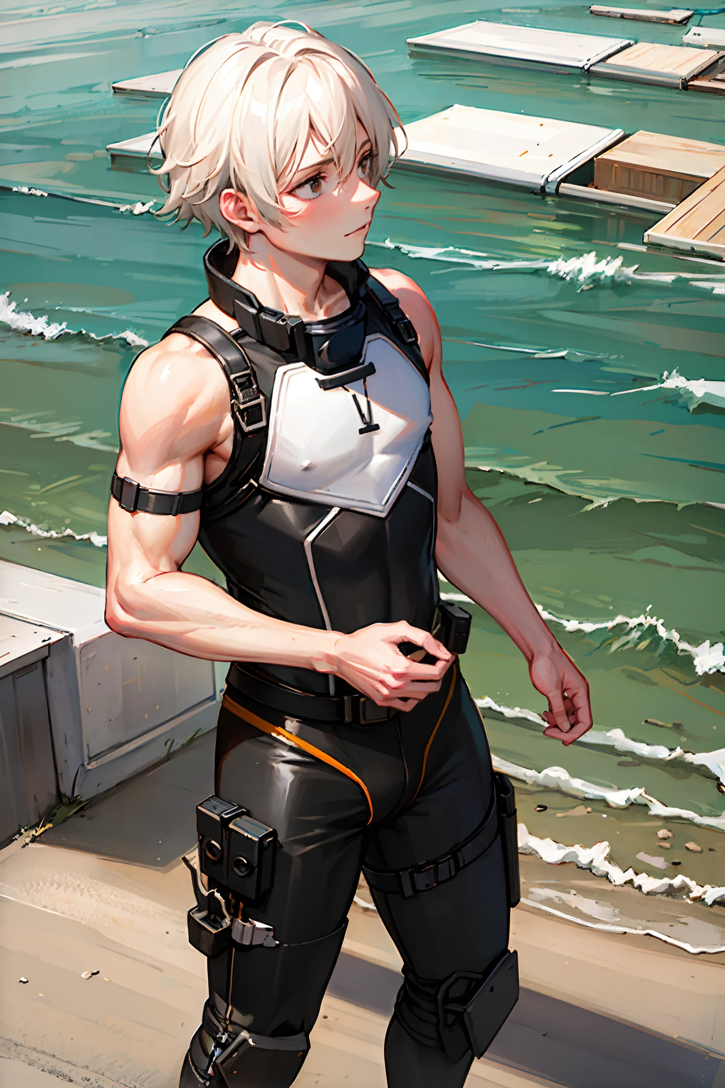 (extremely detailed and high-quality illustration),(best lighting and shadow effects, ultra-realistic), beach, young man with a wheat skin tone and short light white hair, looking out at the ocean with a pensive expression,muscle,Diving suit