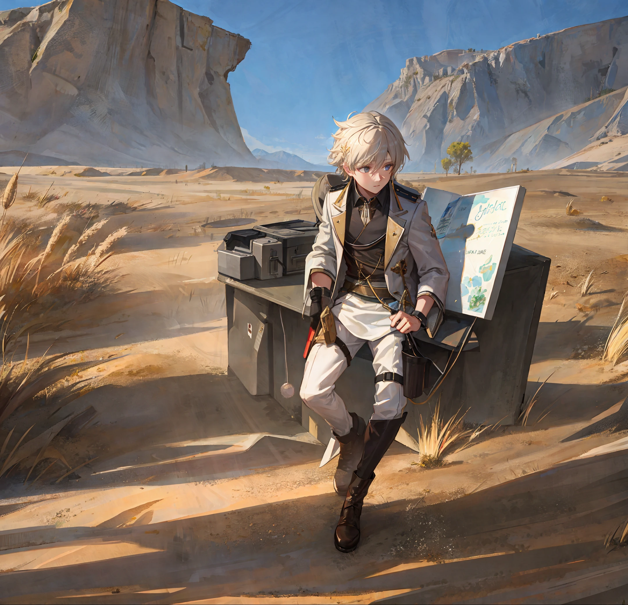 (extremely detailed and high-quality illustration),(best lighting and shadow effects, ultra-realistic), desert, young man with a wheat skin tone and short light white hair,Looking into the distance