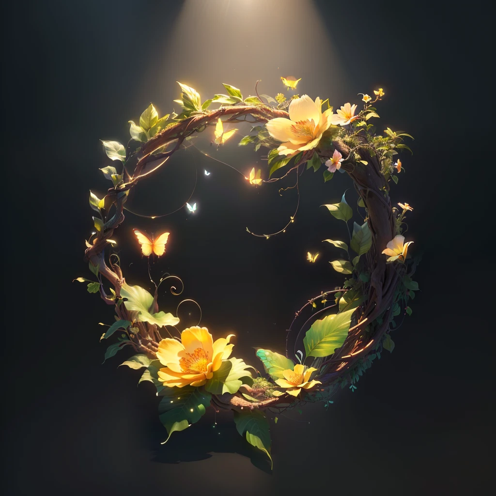 masterpiece, best quality, (extremely detailed CG unity 8k wallpaper), (best quality), (best illustration), (best shadow), UI interface frame design, natural elements, jungle theme, (circular shape), leaves, branches, vines, flowers, a glowing erfly perched on a flower, (simple background:1.5), particle effect, octane render, ray tracing, ultra detailed